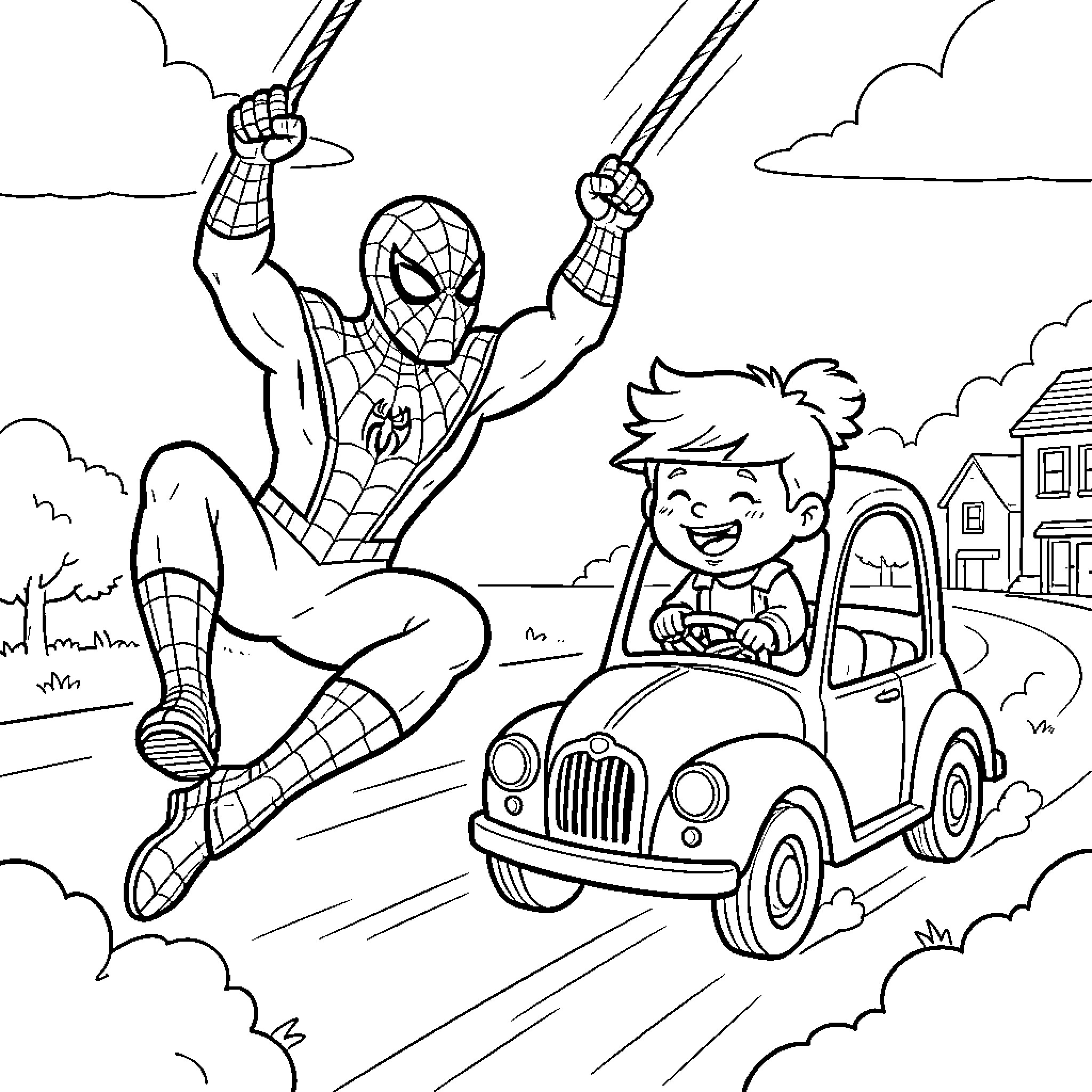 Spiderman swinging through the city with a smiling boy in a car Coloring Page (free black-and-white line drawing printable PDF for all, from beginners to advanced learners, including children, teens, adults, and seniors)
