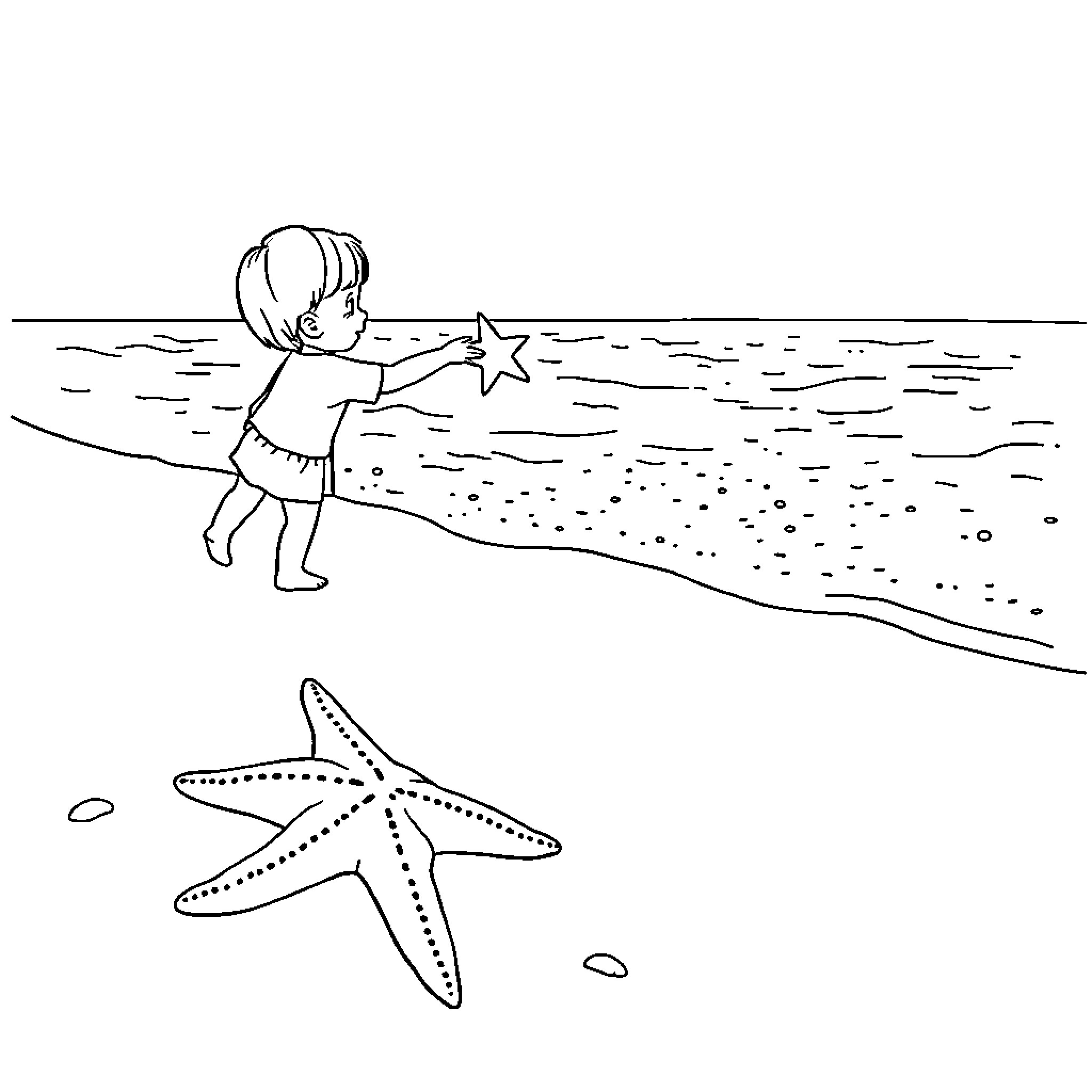 Starfish and child playing on the beach Coloring Page (free black-and-white line drawing printable PDF for all, from beginners to advanced learners, including children, teens, adults, and seniors)