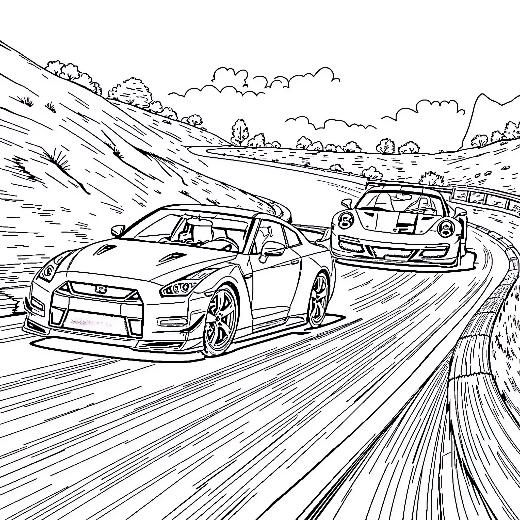 Cars racing on a winding mountain road Coloring Page (free black-and-white line drawing printable PDF for all, from beginners to advanced learners, including children, teens, adults, and seniors)