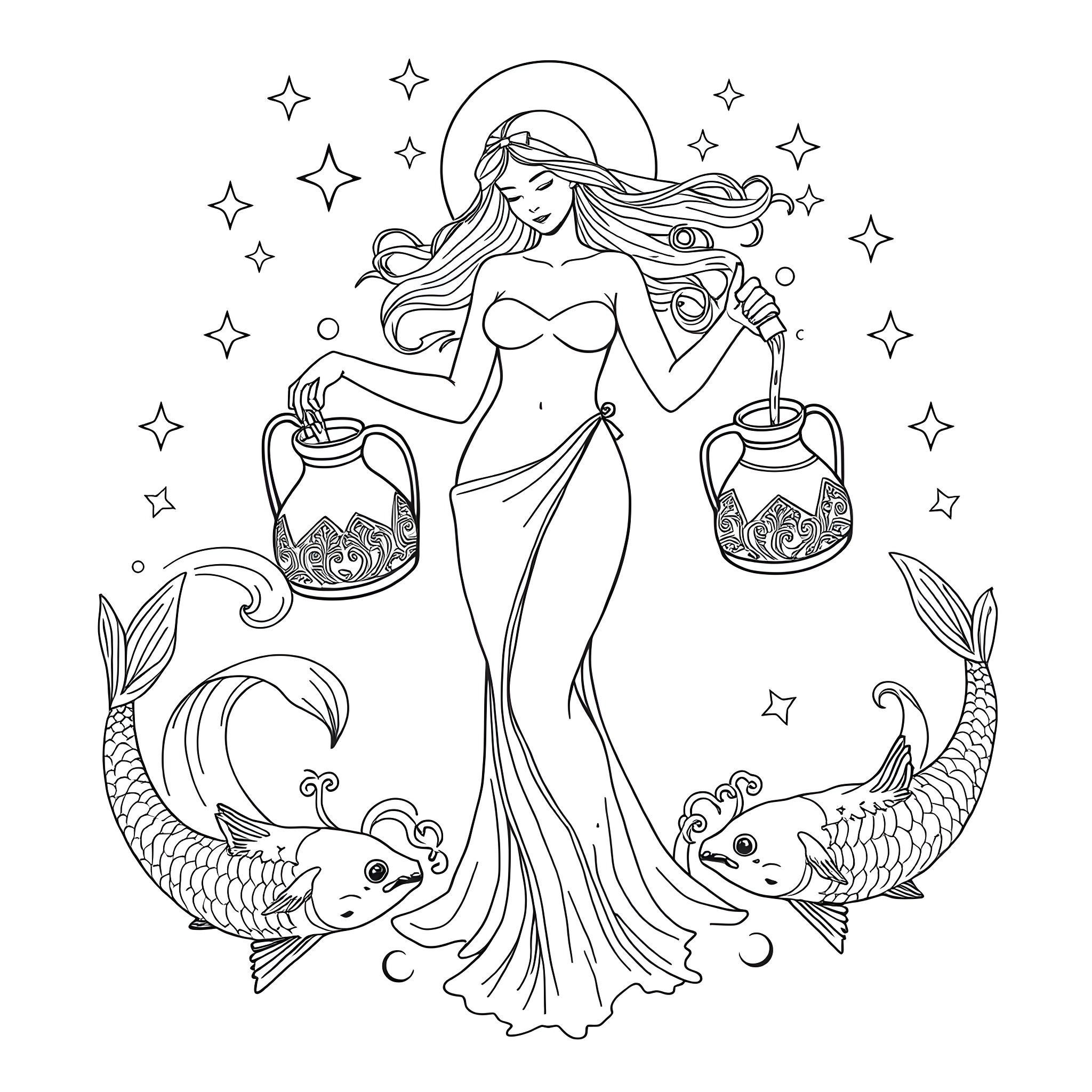 Aquarius astrological sign with mythical creatures Coloring Page (free black-and-white line drawing printable PDF for all, from beginners to advanced learners, including children, teens, adults, and seniors)