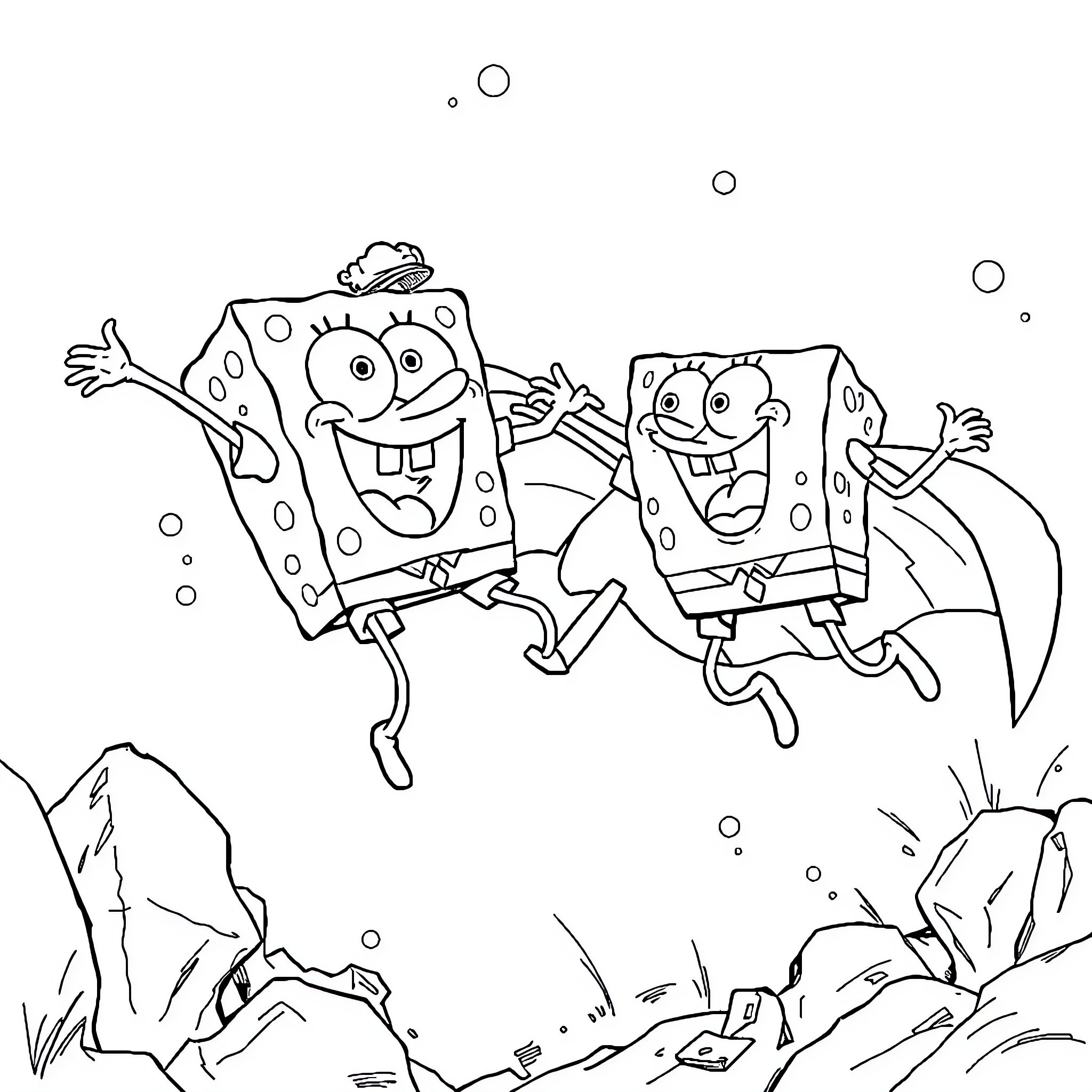 Superman SpongeBob and Patrick having fun underwater Coloring Page (free black-and-white line drawing printable PDF for all, from beginners to advanced learners, including children, teens, adults, and seniors)