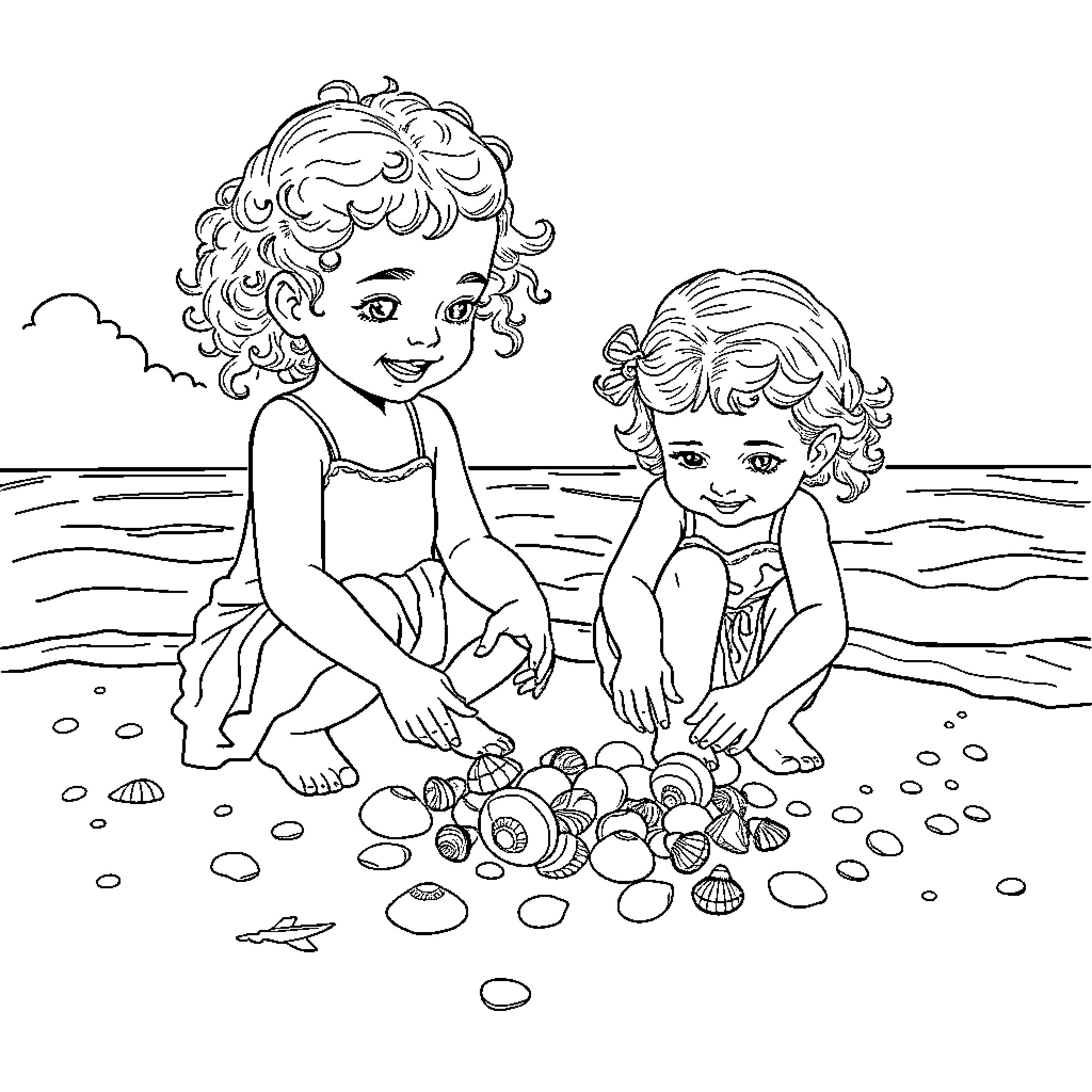 Girls exploring seashells on the beach Coloring Page (free black-and-white line drawing printable PDF for all, from beginners to advanced learners, including children, teens, adults, and seniors)