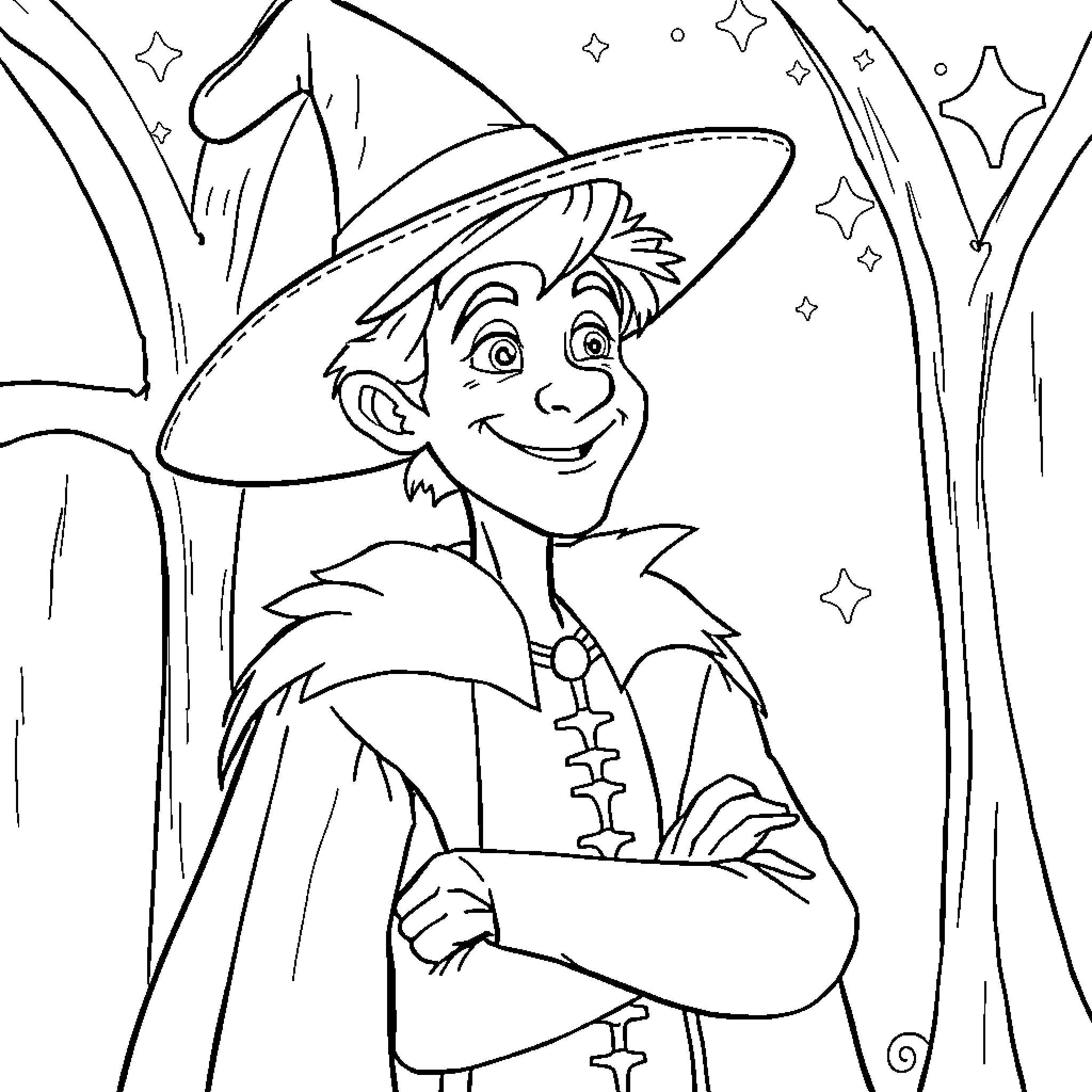 Fiyero, the Wizard's Apprentice in Enchanted Forest Coloring Page (free black-and-white line drawing printable PDF for all, from beginners to advanced learners, including children, teens, adults, and seniors)