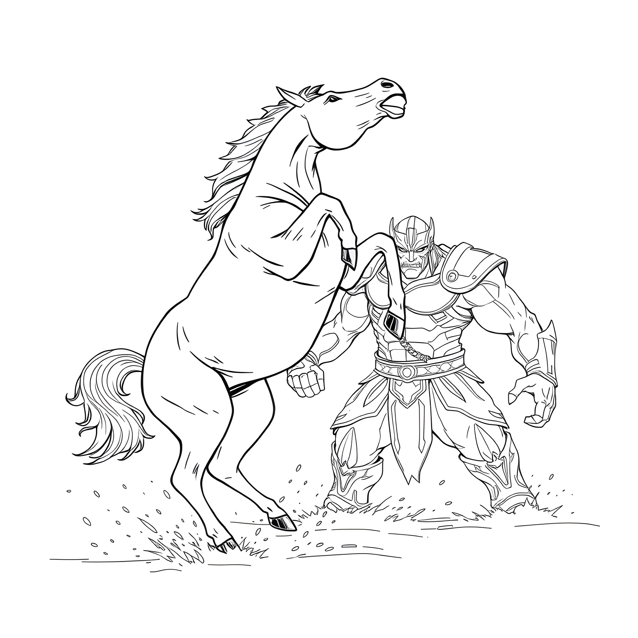 Bronco warrior riding into battle Coloring Page (free black-and-white line drawing printable PDF for all, from beginners to advanced learners, including children, teens, adults, and seniors)