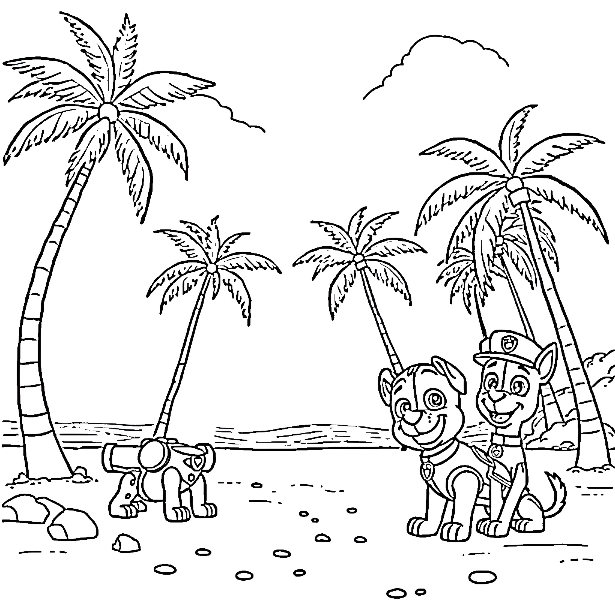 Paw Patrol characters playing on a tropical beach Coloring Page (free black-and-white line drawing printable PDF for all, from beginners to advanced learners, including children, teens, adults, and seniors)