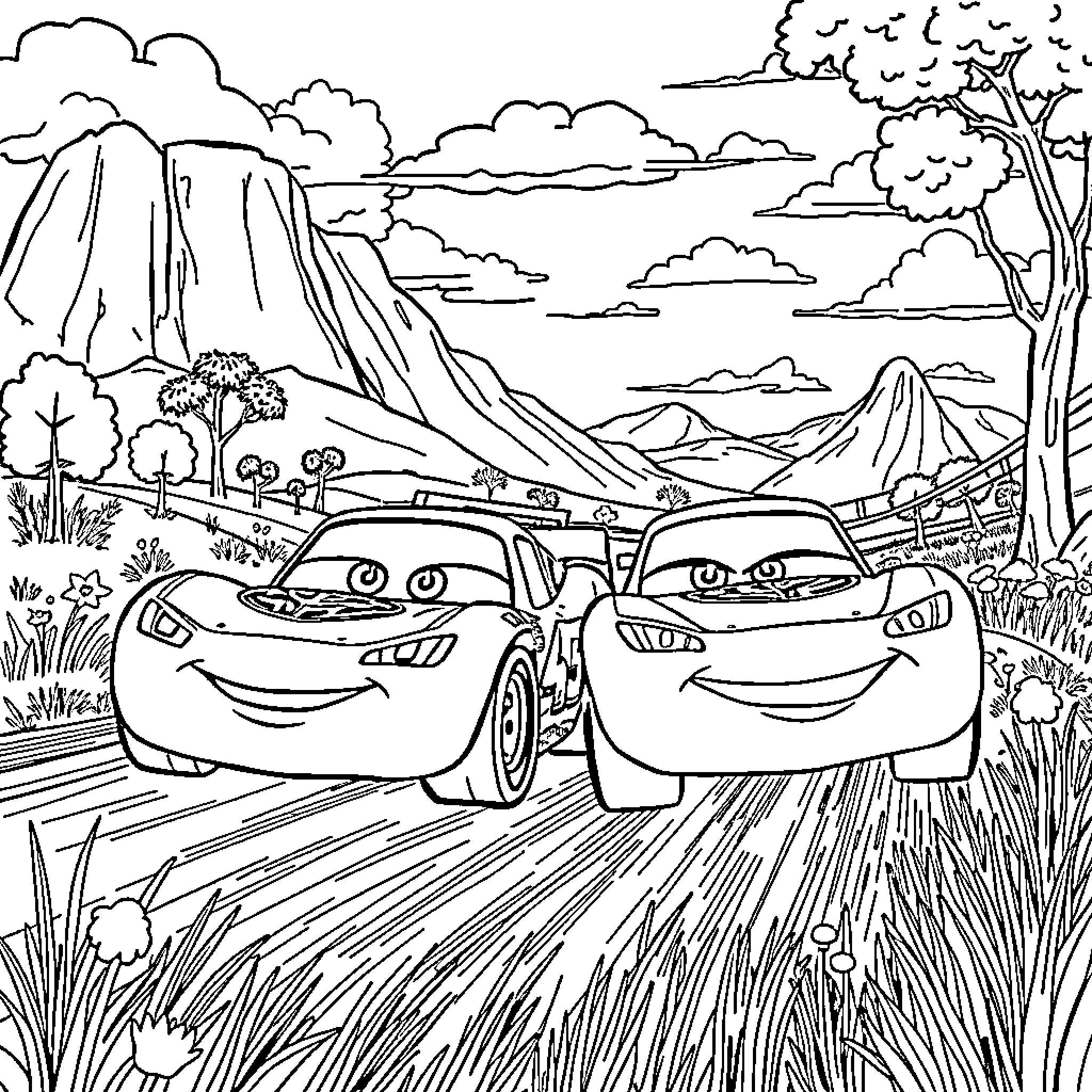 Lightning McQueen racing in the mountainous landscape Coloring Page (free black-and-white line drawing printable PDF for all, from beginners to advanced learners, including children, teens, adults, and seniors)