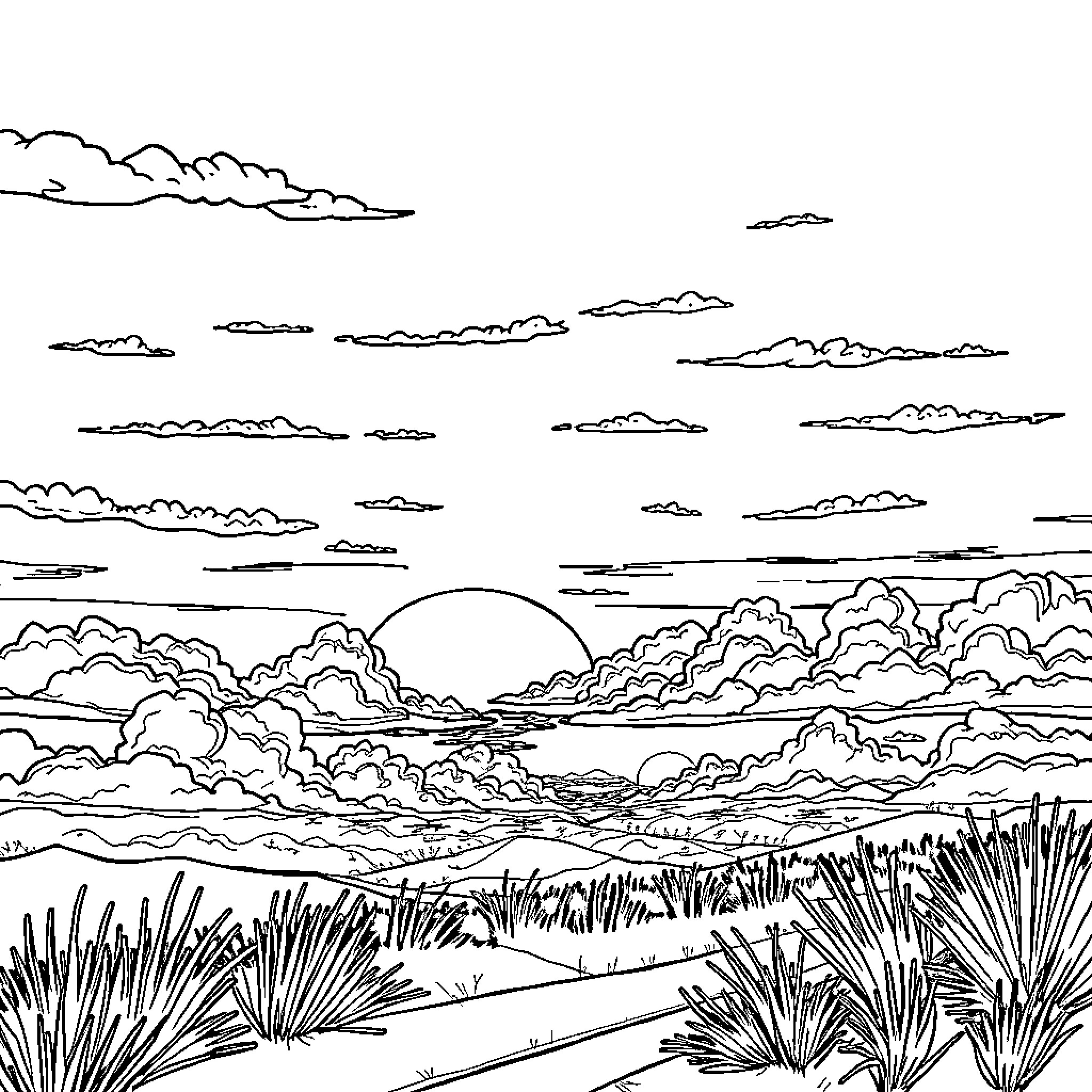 Sunset over the vast grasslands Coloring Page (free black-and-white line drawing printable PDF for all, from beginners to advanced learners, including children, teens, adults, and seniors)