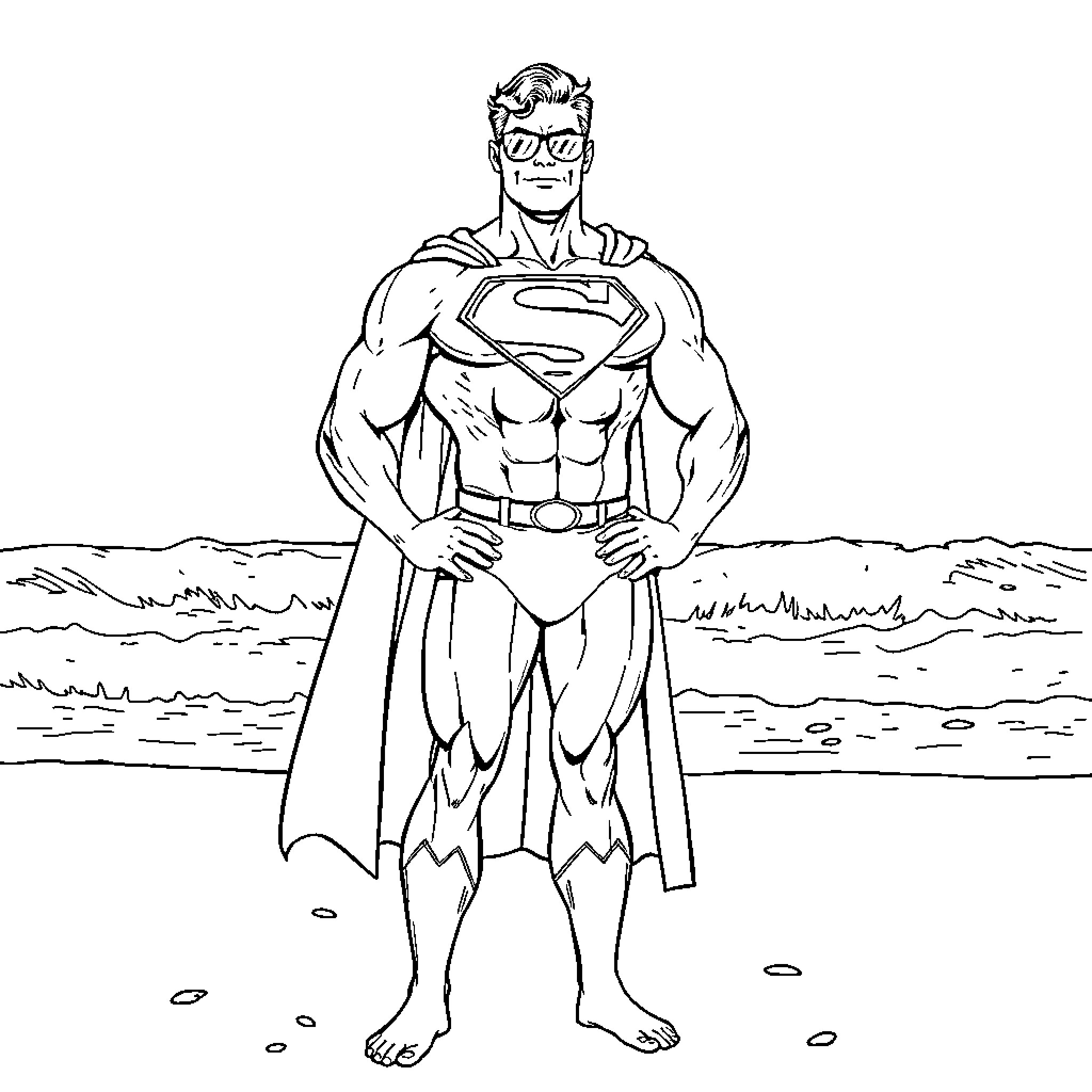 Superman standing heroically on the beach Coloring Page (free black-and-white line drawing printable PDF for all, from beginners to advanced learners, including children, teens, adults, and seniors)