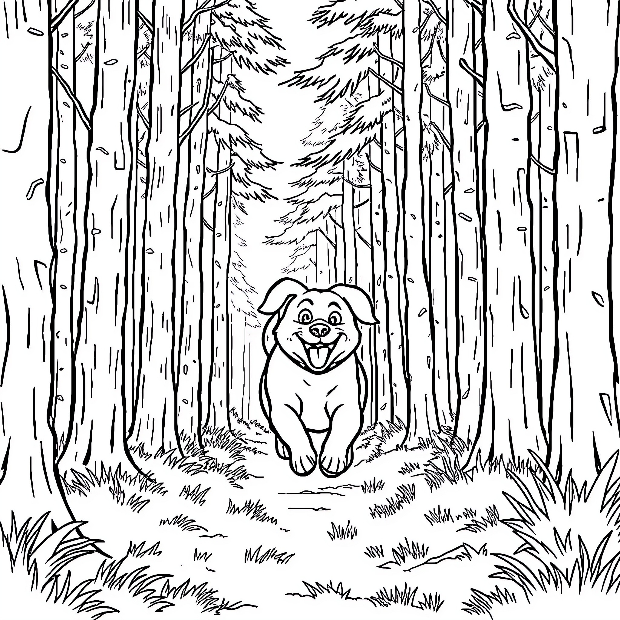 Dog playing joyfully in the forest Coloring Page (free black-and-white line drawing printable PDF for all, from beginners to advanced learners, including children, teens, adults, and seniors)