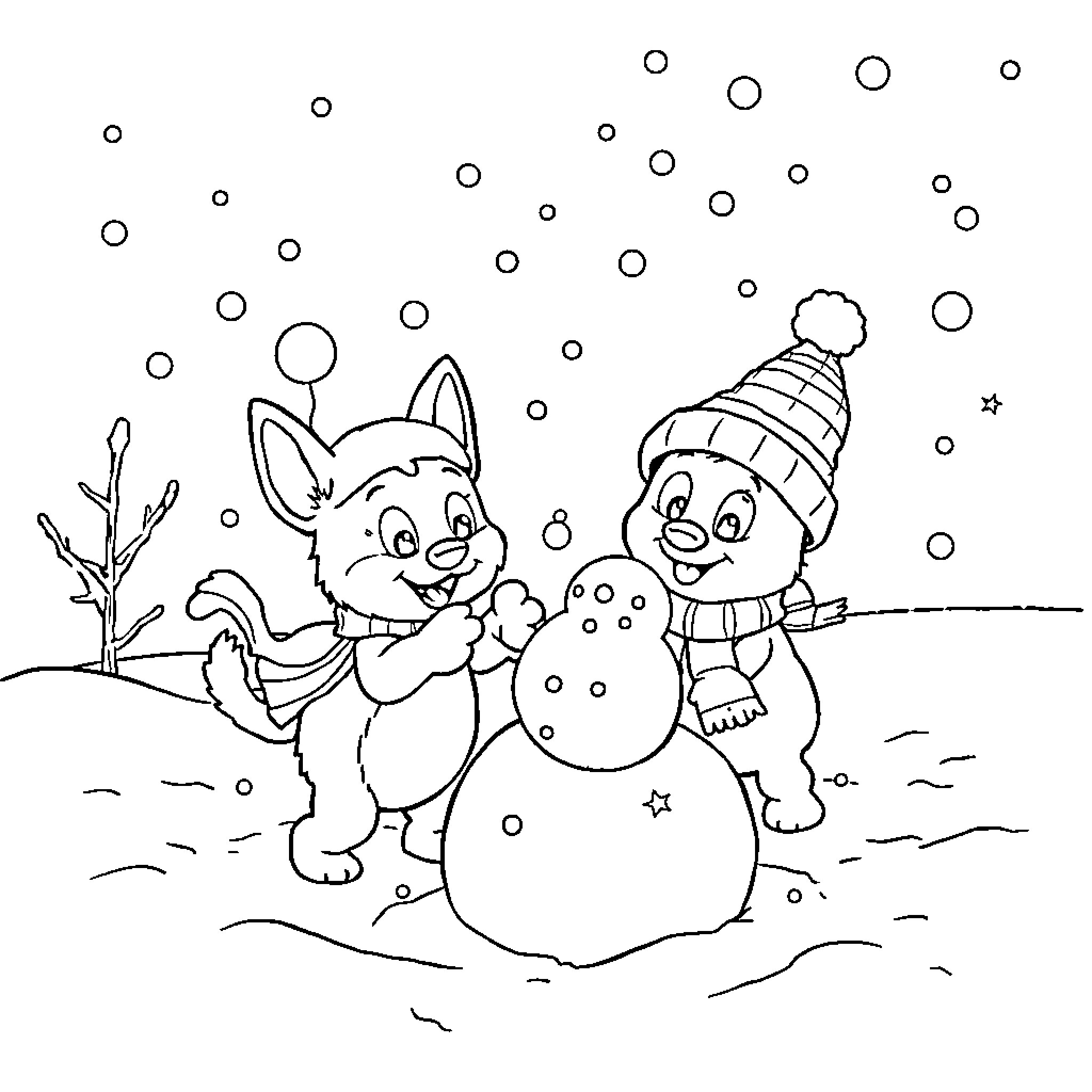 Bluey and friends build a snowy friend Coloring Page (free black-and-white line drawing printable PDF for all, from beginners to advanced learners, including children, teens, adults, and seniors)