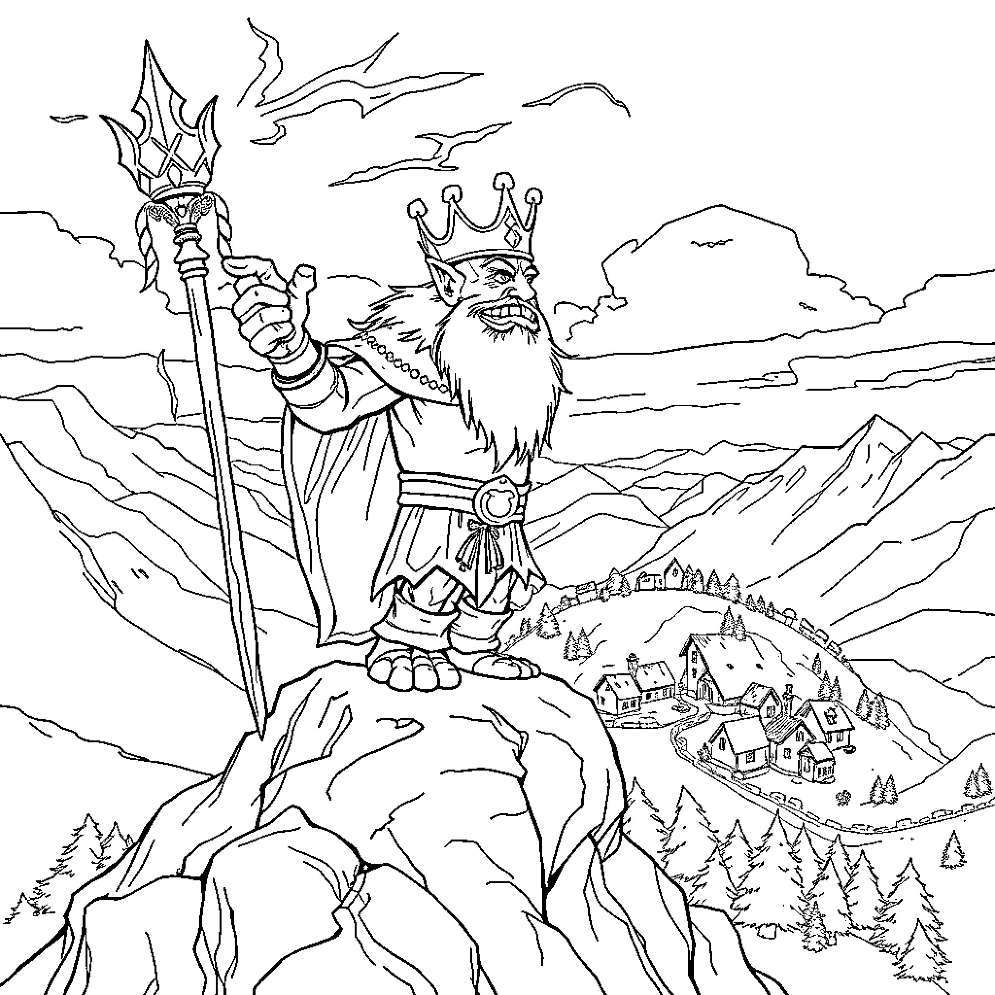 Troll King overlooking his kingdom from the mountain top Coloring Page (free black-and-white line drawing printable PDF for all, from beginners to advanced learners, including children, teens, adults, and seniors)