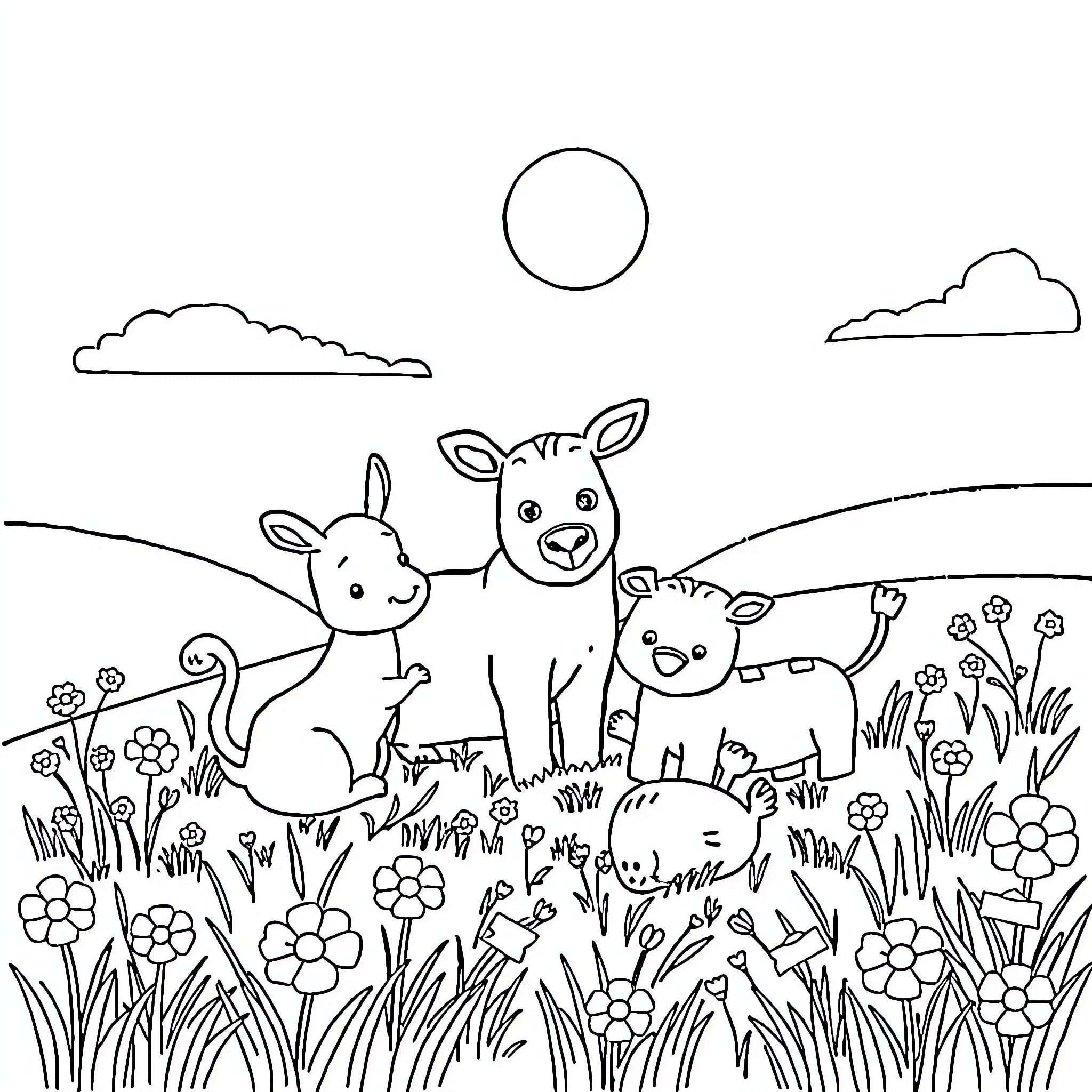 Animal Trio Exploring Peaceful Meadow Coloring Page (free black-and-white line drawing printable PDF for all, from beginners to advanced learners, including children, teens, adults, and seniors)