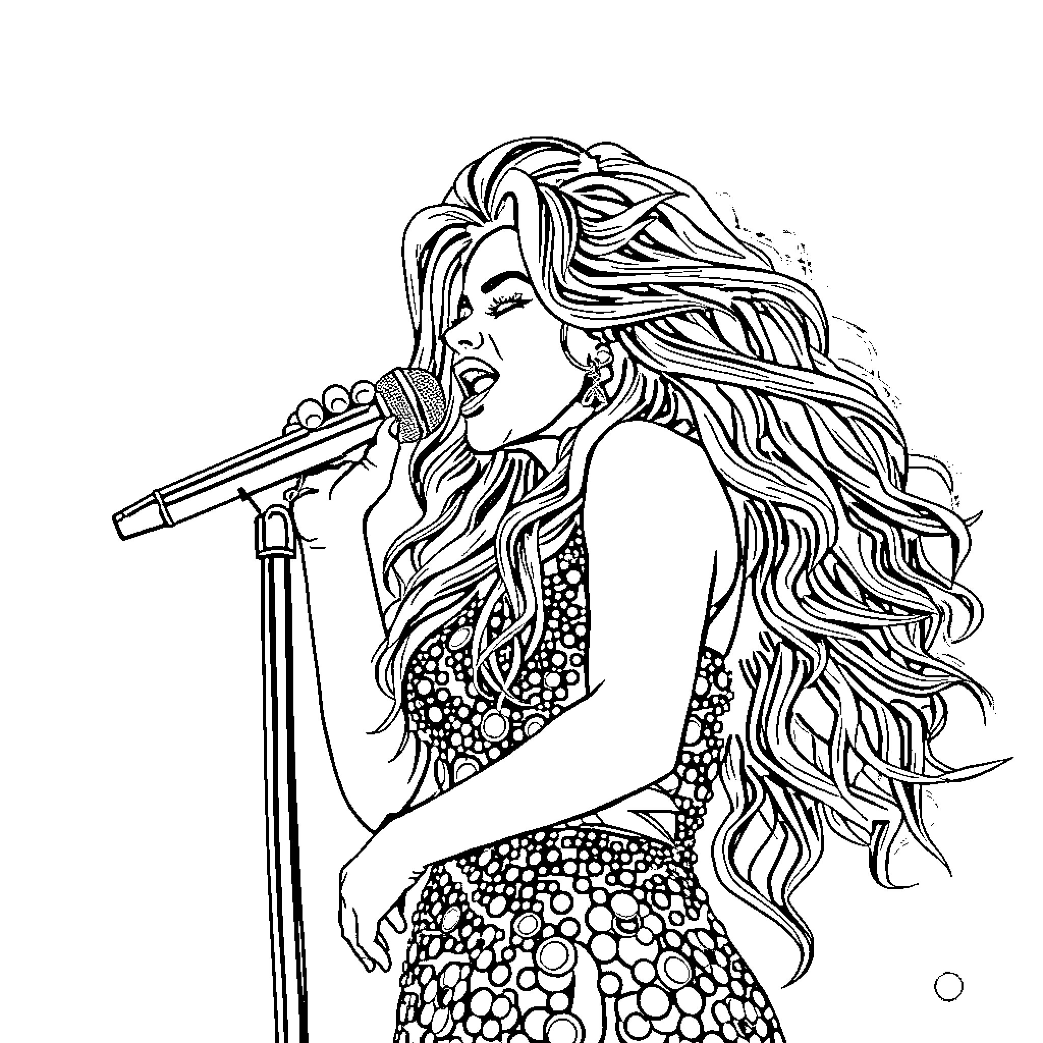 Shakira performing on stage with dynamic expression Coloring Page (free black-and-white line drawing printable PDF for all, from beginners to advanced learners, including children, teens, adults, and seniors)