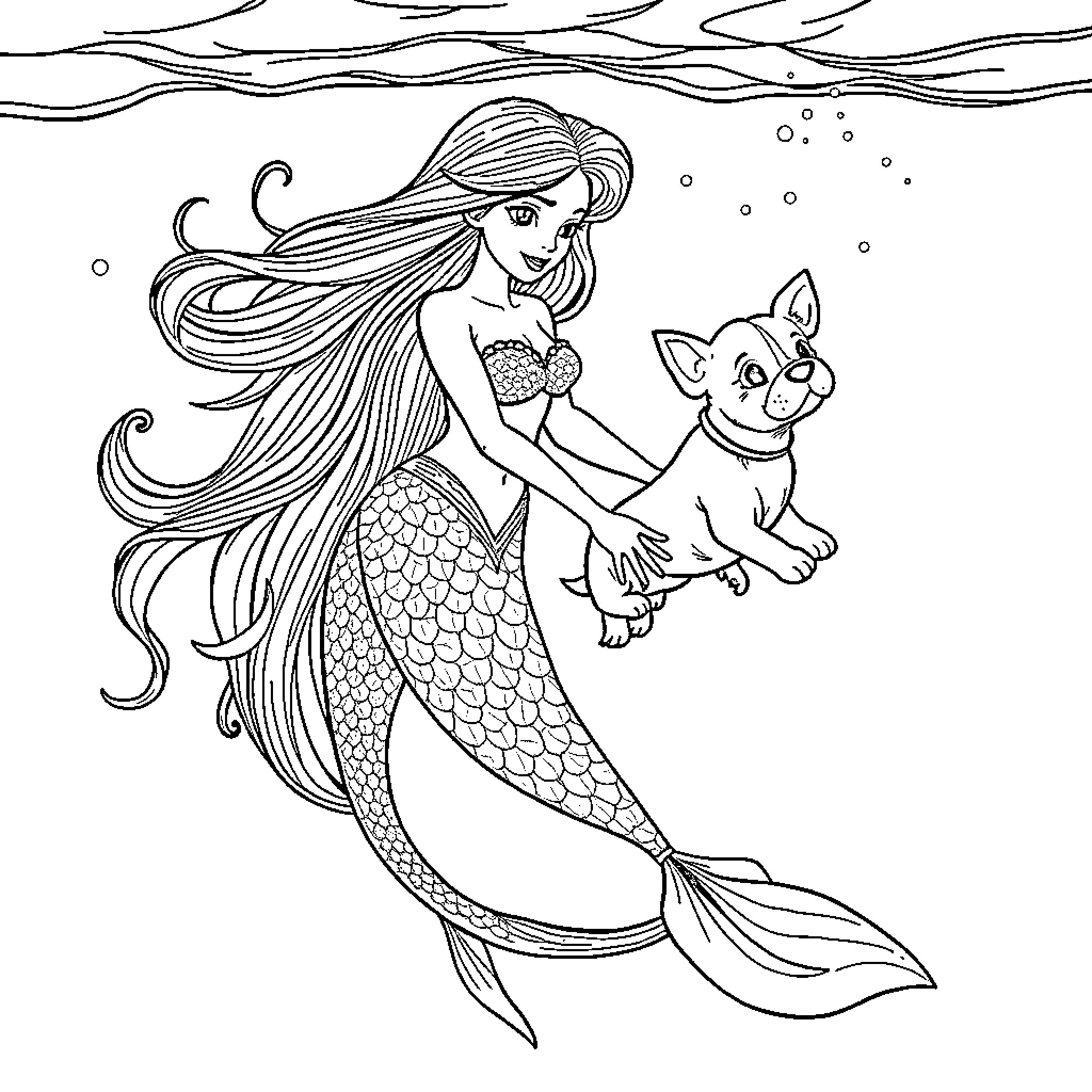 Mermaid and her pet cat exploring the ocean Coloring Page (free black-and-white line drawing printable PDF for all, from beginners to advanced learners, including children, teens, adults, and seniors)