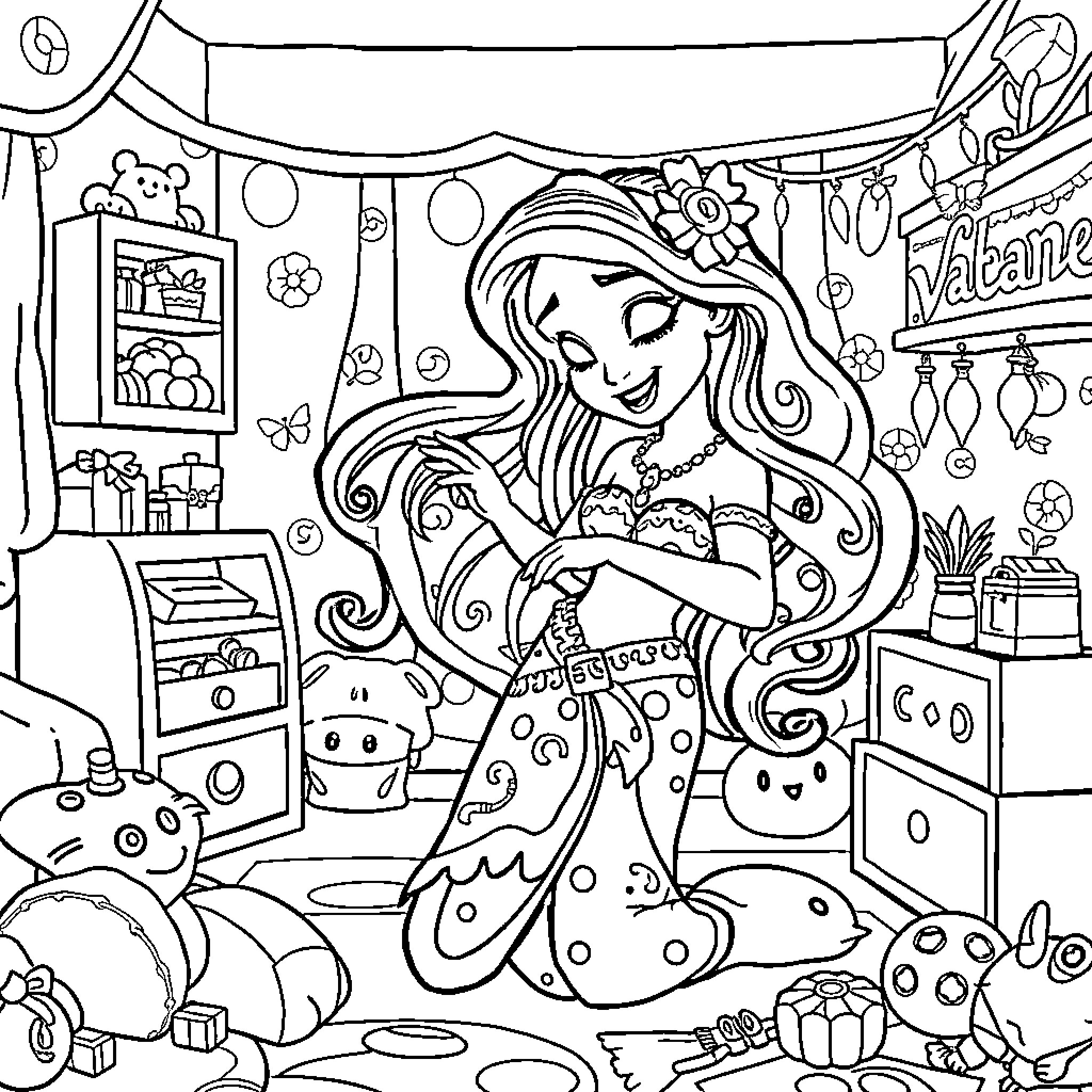 Ladybug playing happily in a festive room Coloring Page (free black-and-white line drawing printable PDF for all, from beginners to advanced learners, including children, teens, adults, and seniors)
