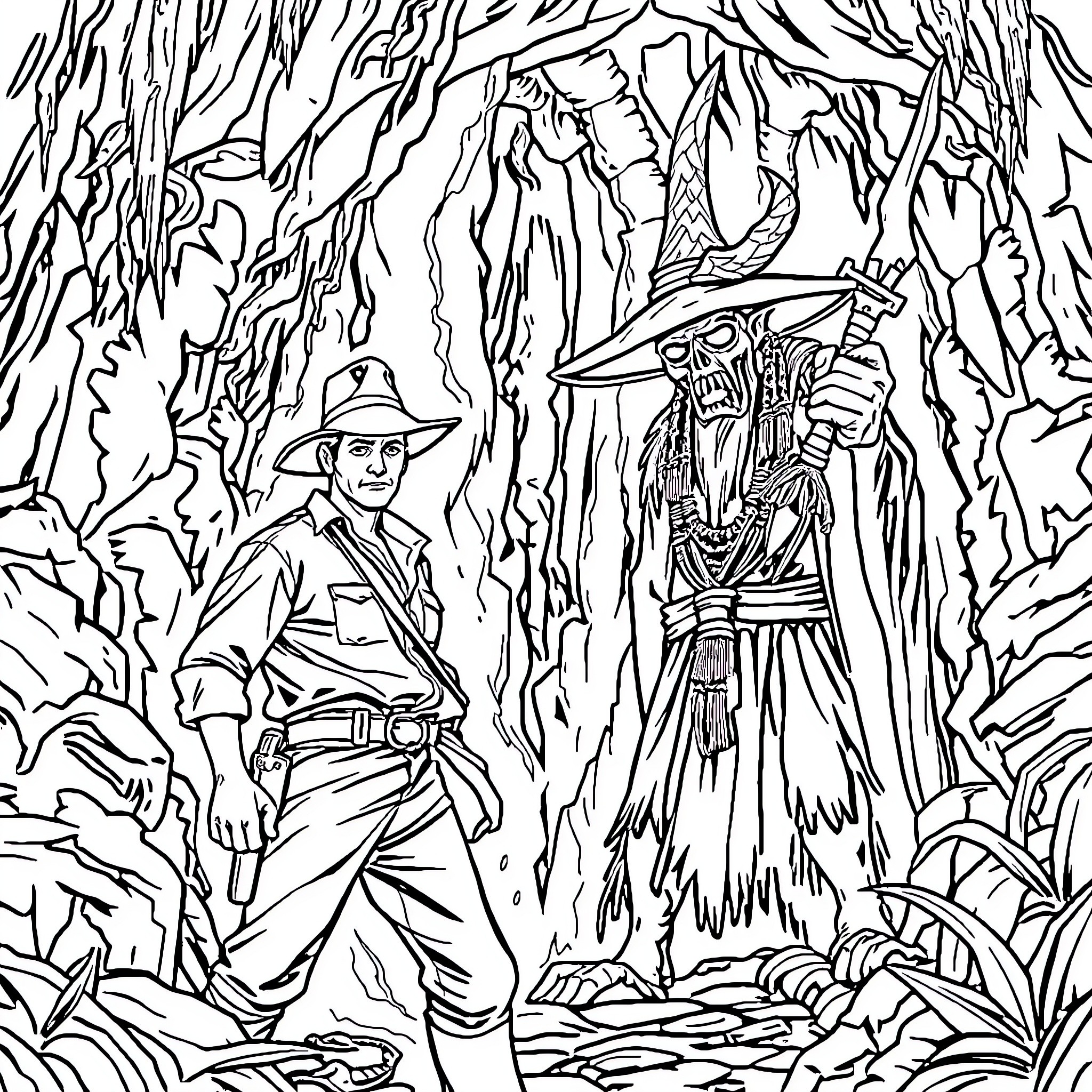 Witch Doctor in Mystic Forest Confronts Explorer Coloring Page (free black-and-white line drawing printable PDF for all, from beginners to advanced learners, including children, teens, adults, and seniors)