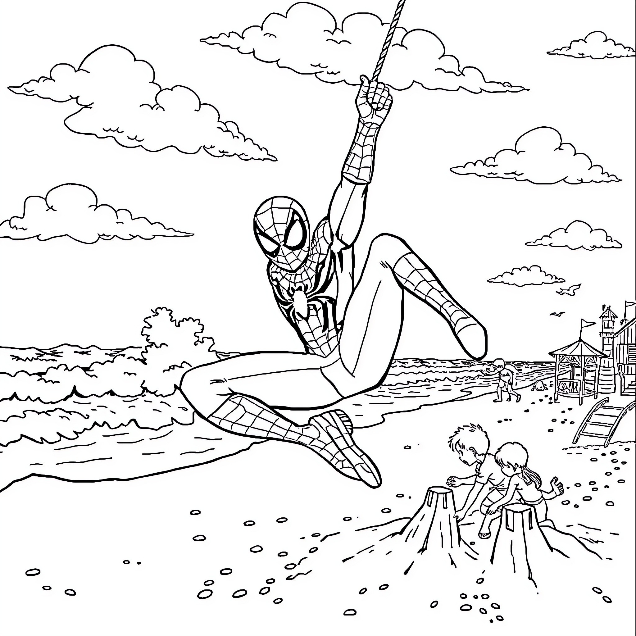 Spiderman swinging heroically over the city Coloring Page (free black-and-white line drawing printable PDF for all, from beginners to advanced learners, including children, teens, adults, and seniors)