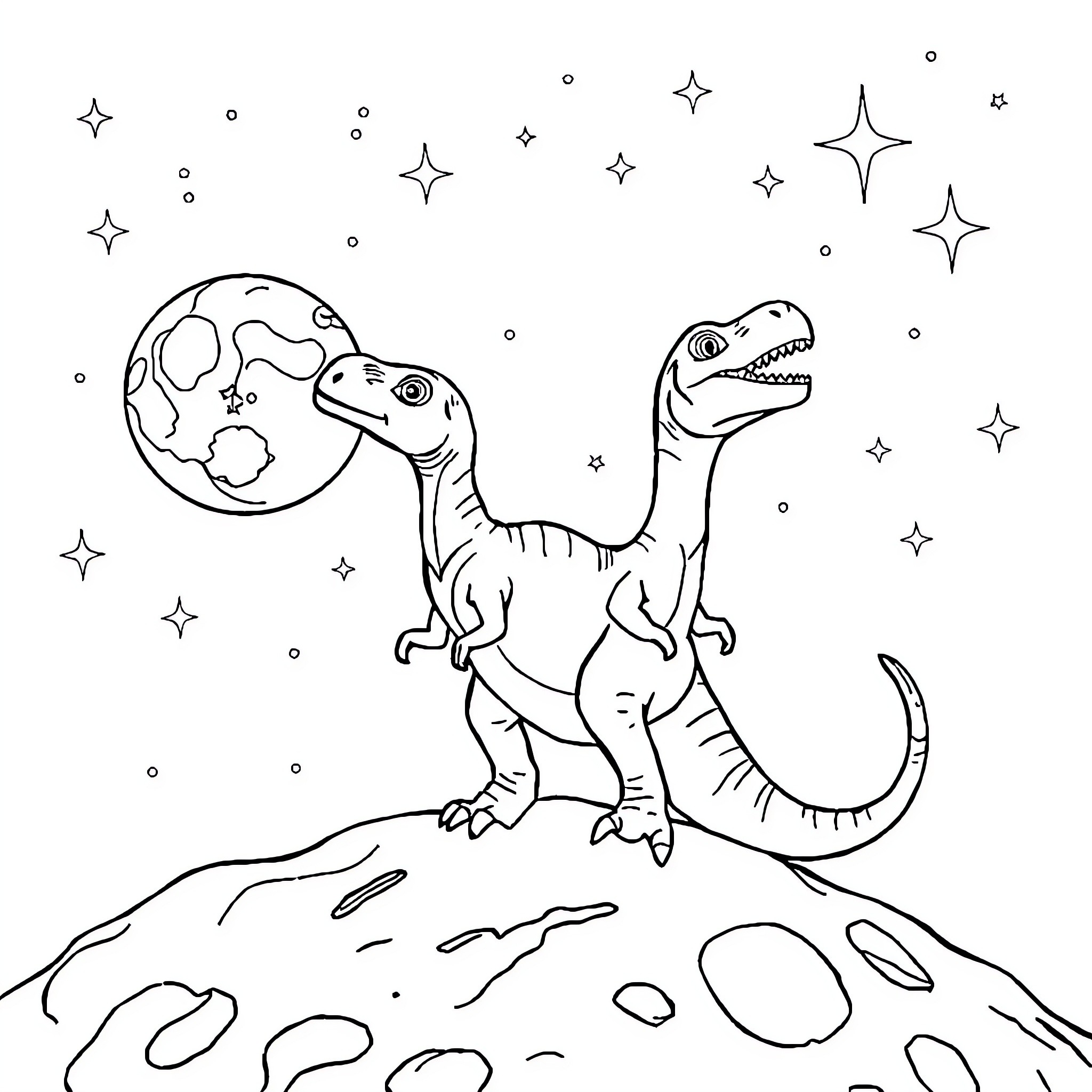 Dinosaur exploring the starry night sky Coloring Page (free black-and-white line drawing printable PDF for all, from beginners to advanced learners, including children, teens, adults, and seniors)