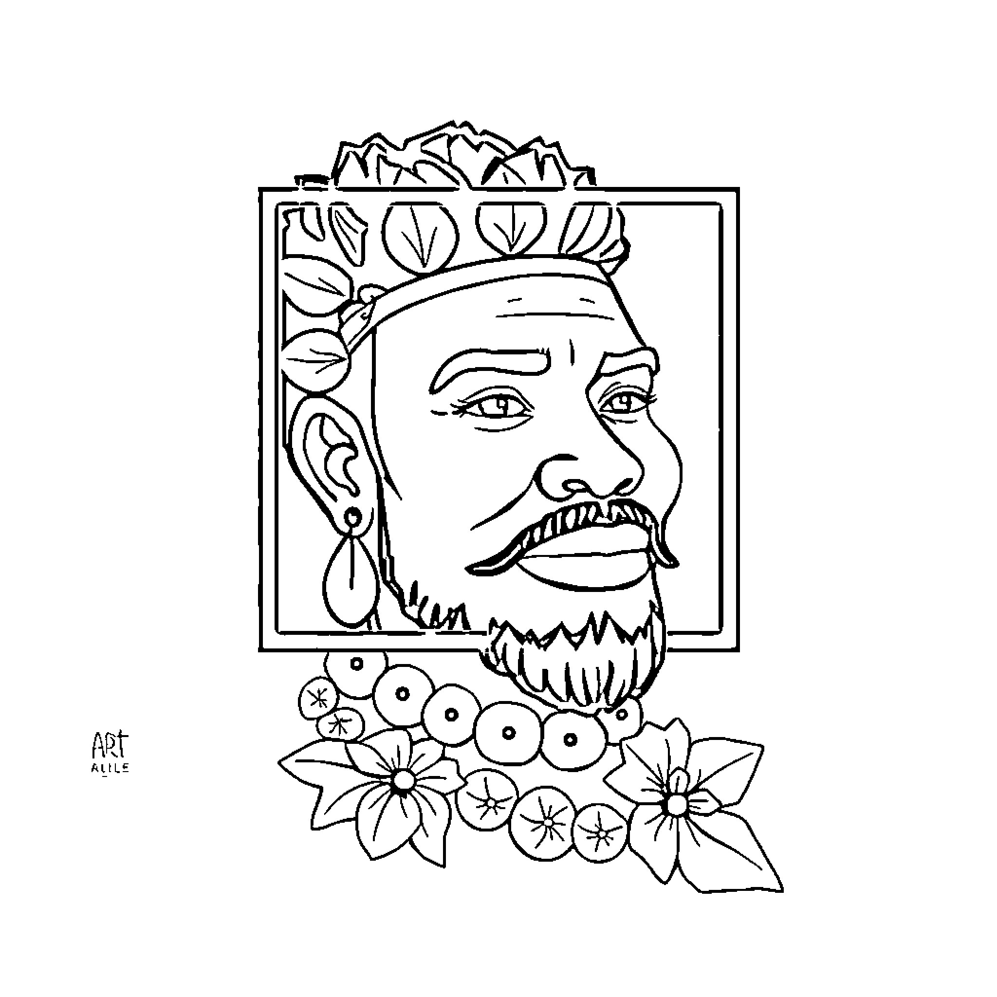 Home portrait of a man with floral headpiece Coloring Page (free black-and-white line drawing printable PDF for all, from beginners to advanced learners, including children, teens, adults, and seniors)