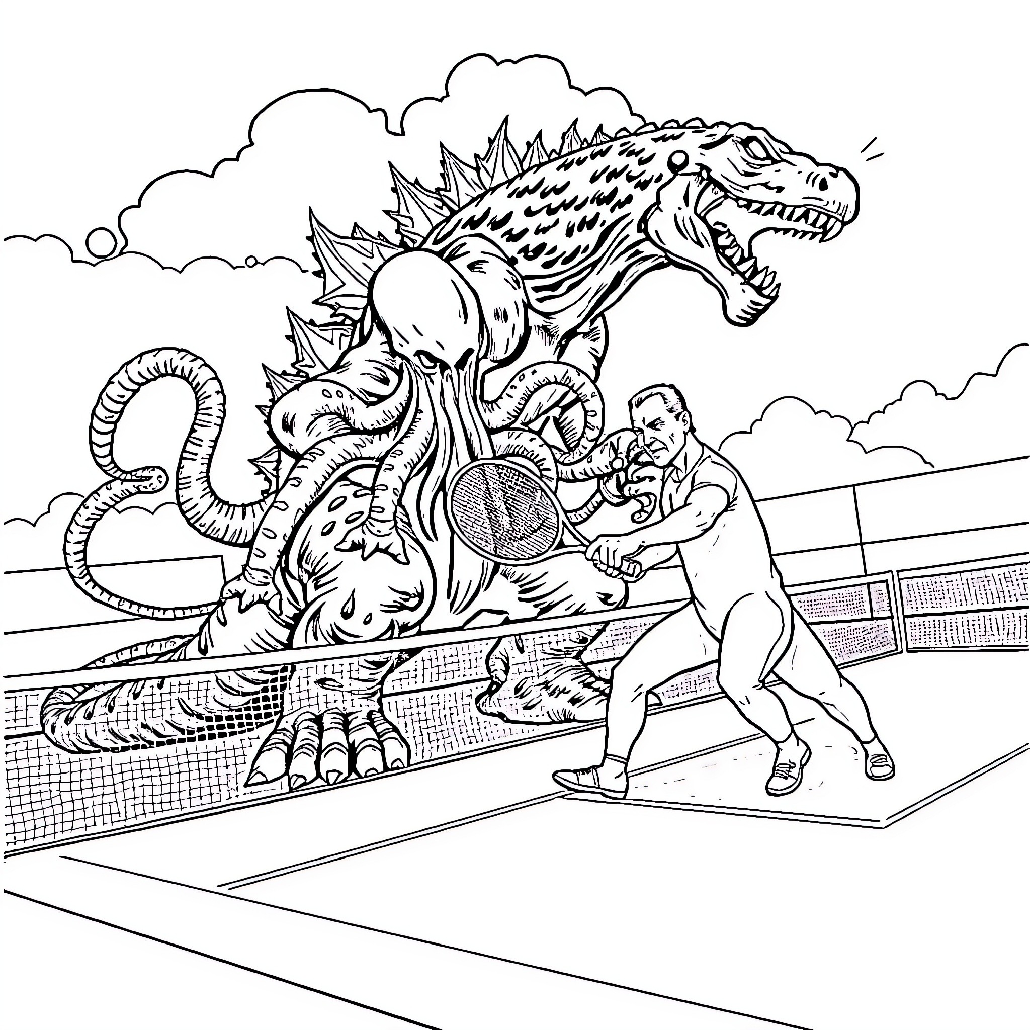 Cthulhu Unleashed: Giant Monster vs. Wrestler in Arena Coloring Page (free black-and-white line drawing printable PDF for all, from beginners to advanced learners, including children, teens, adults, and seniors)