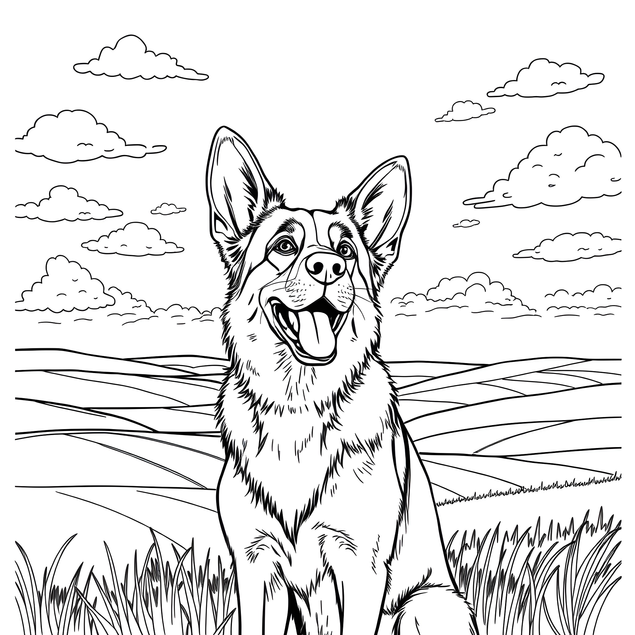 German Shepherd Enjoying the Outdoors Coloring Page (free black-and-white line drawing printable PDF for all, from beginners to advanced learners, including children, teens, adults, and seniors)
