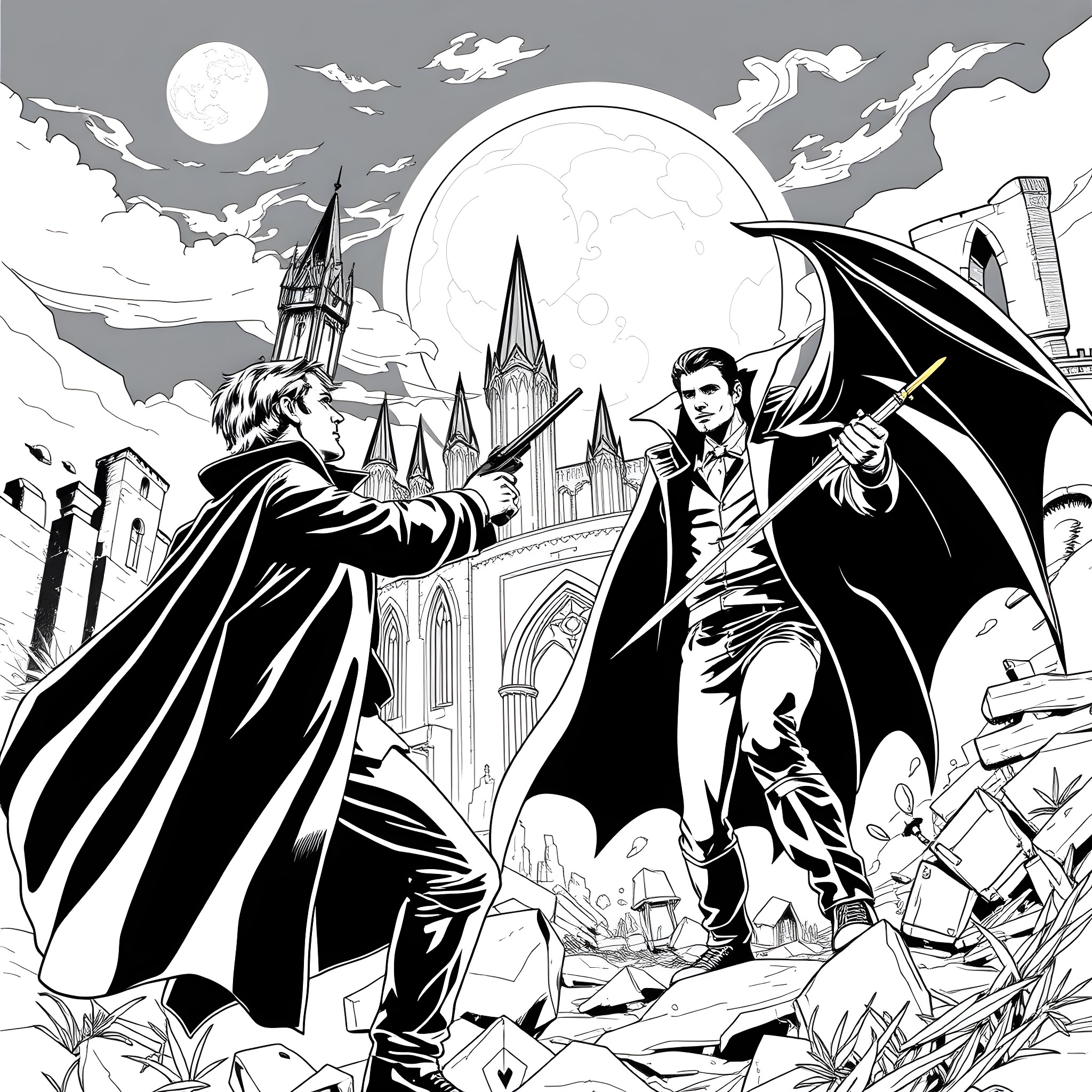 Sam and Dean Winchester fighting in a magical city Coloring Page (free black-and-white line drawing printable PDF for all, from beginners to advanced learners, including children, teens, adults, and seniors)
