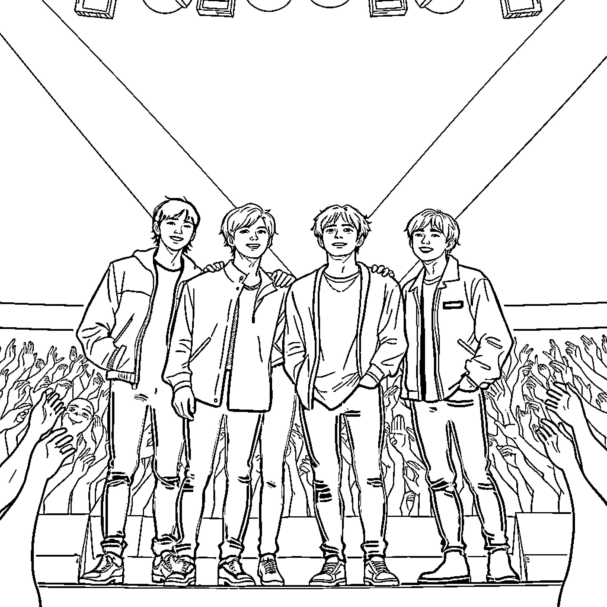 BTS Performing on Stage with Fans Coloring Page (free black-and-white line drawing printable PDF for all, from beginners to advanced learners, including children, teens, adults, and seniors)