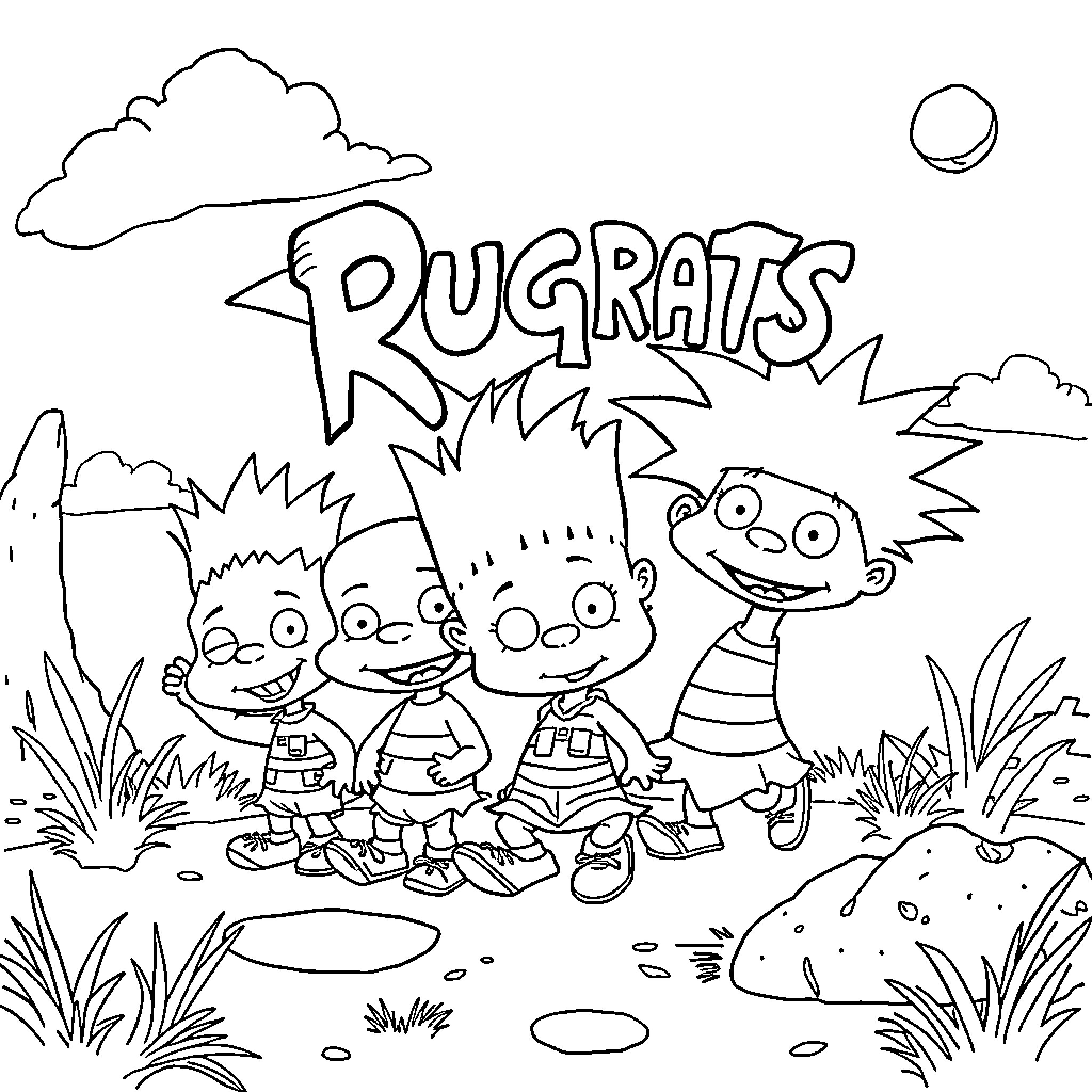 Rugrats playing joyfully in the outdoors Coloring Page (free black-and-white line drawing printable PDF for all, from beginners to advanced learners, including children, teens, adults, and seniors)
