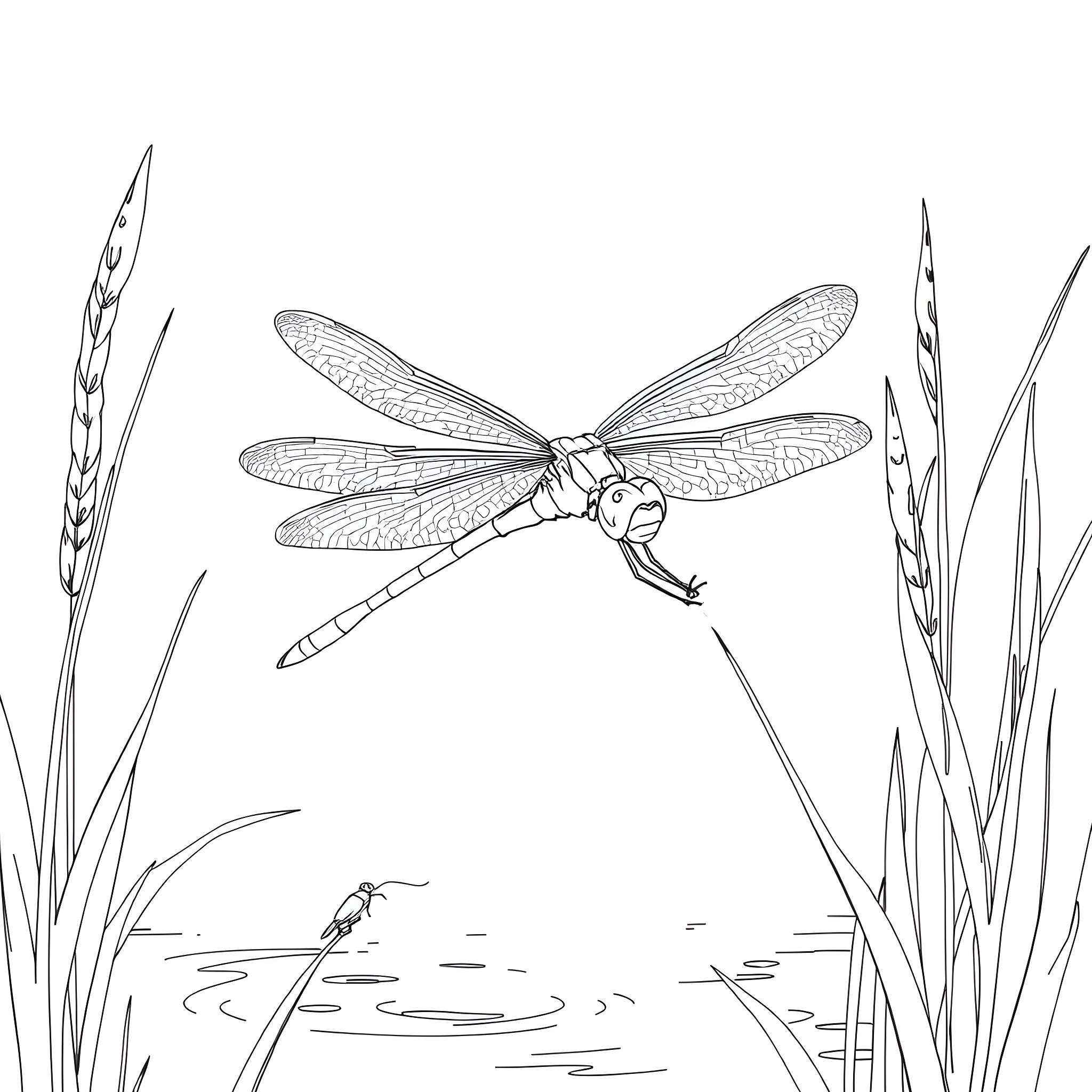 Dragonfly hovering above still water Coloring Page (free black-and-white line drawing printable PDF for all, from beginners to advanced learners, including children, teens, adults, and seniors)