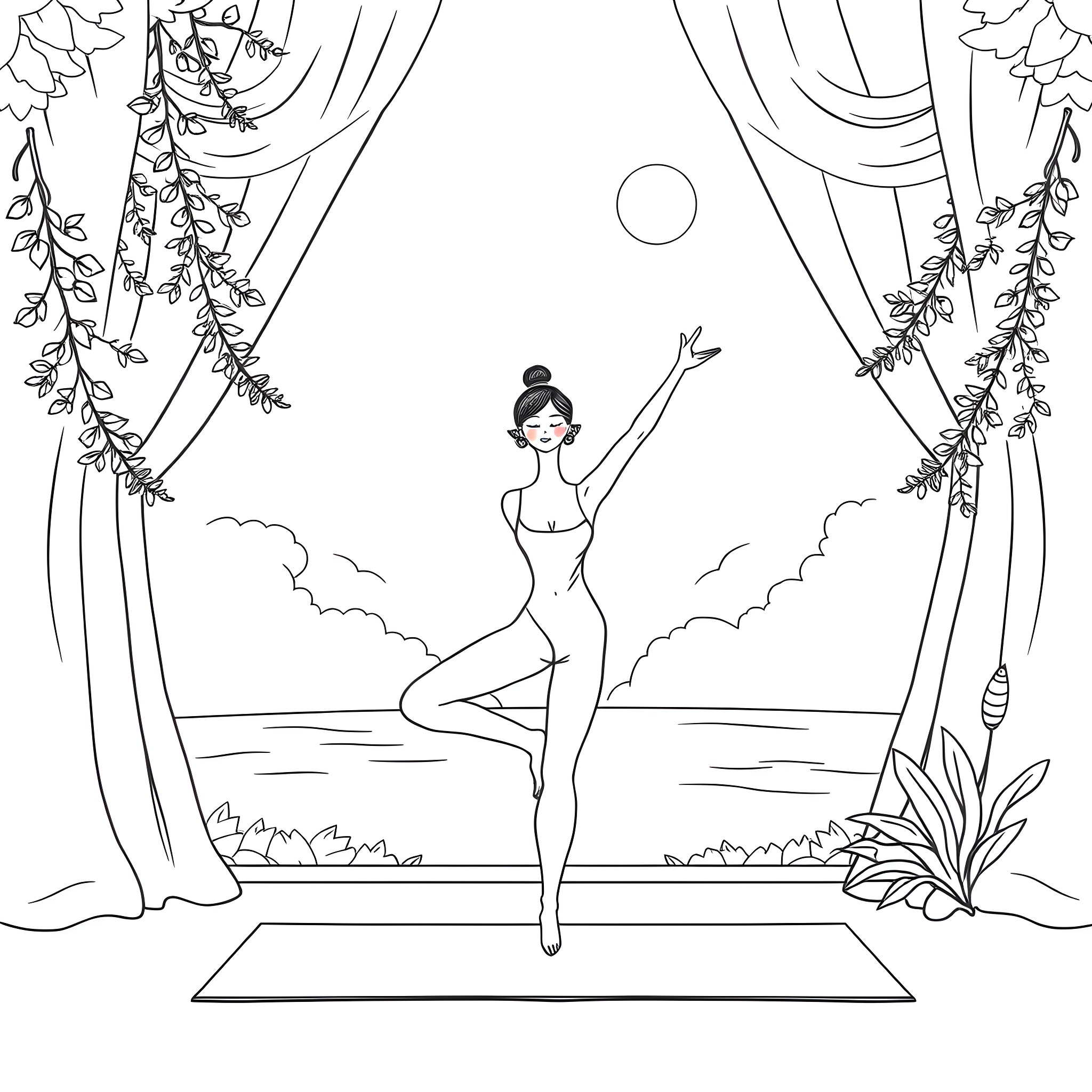 Girl practicing yoga in nature Coloring Page (free black-and-white line drawing printable PDF for all, from beginners to advanced learners, including children, teens, adults, and seniors)
