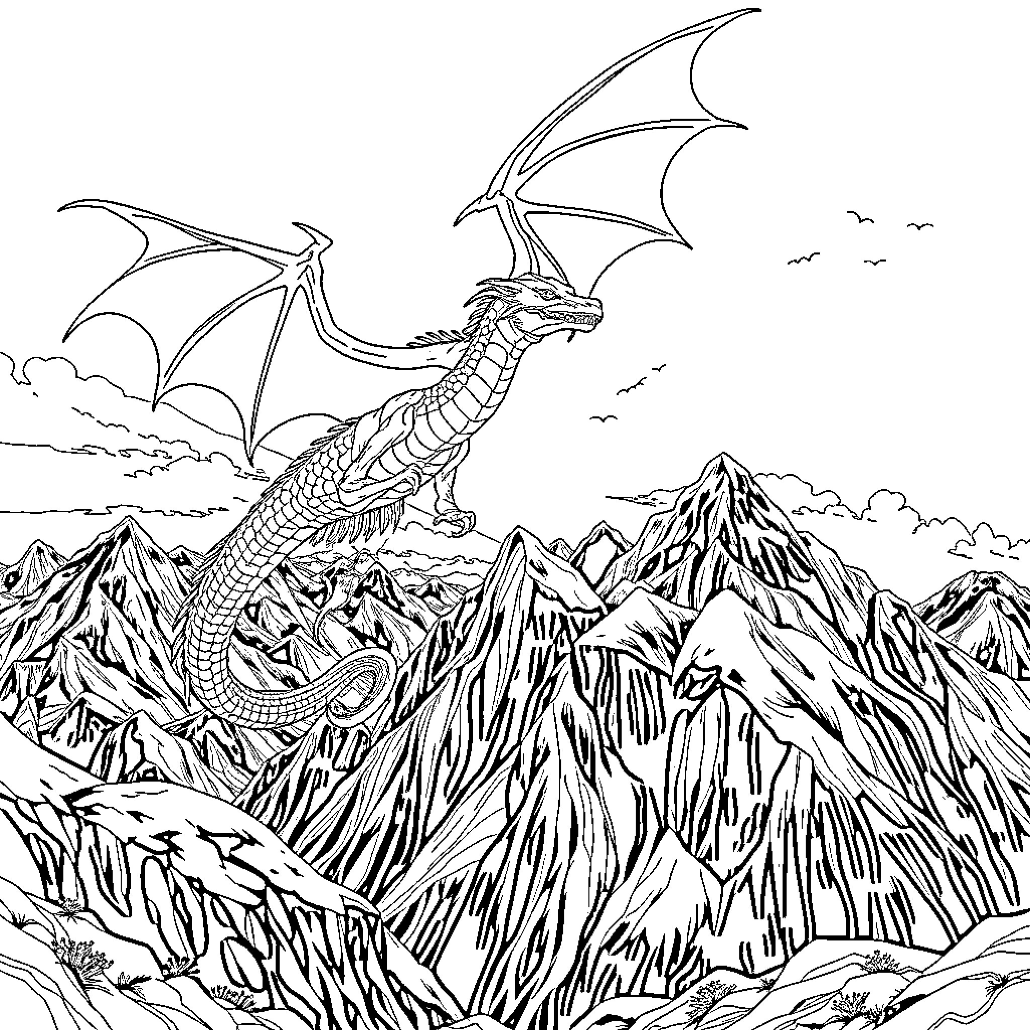 Dragon soaring over majestic mountain landscape Coloring Page (free black-and-white line drawing printable PDF for all, from beginners to advanced learners, including children, teens, adults, and seniors)