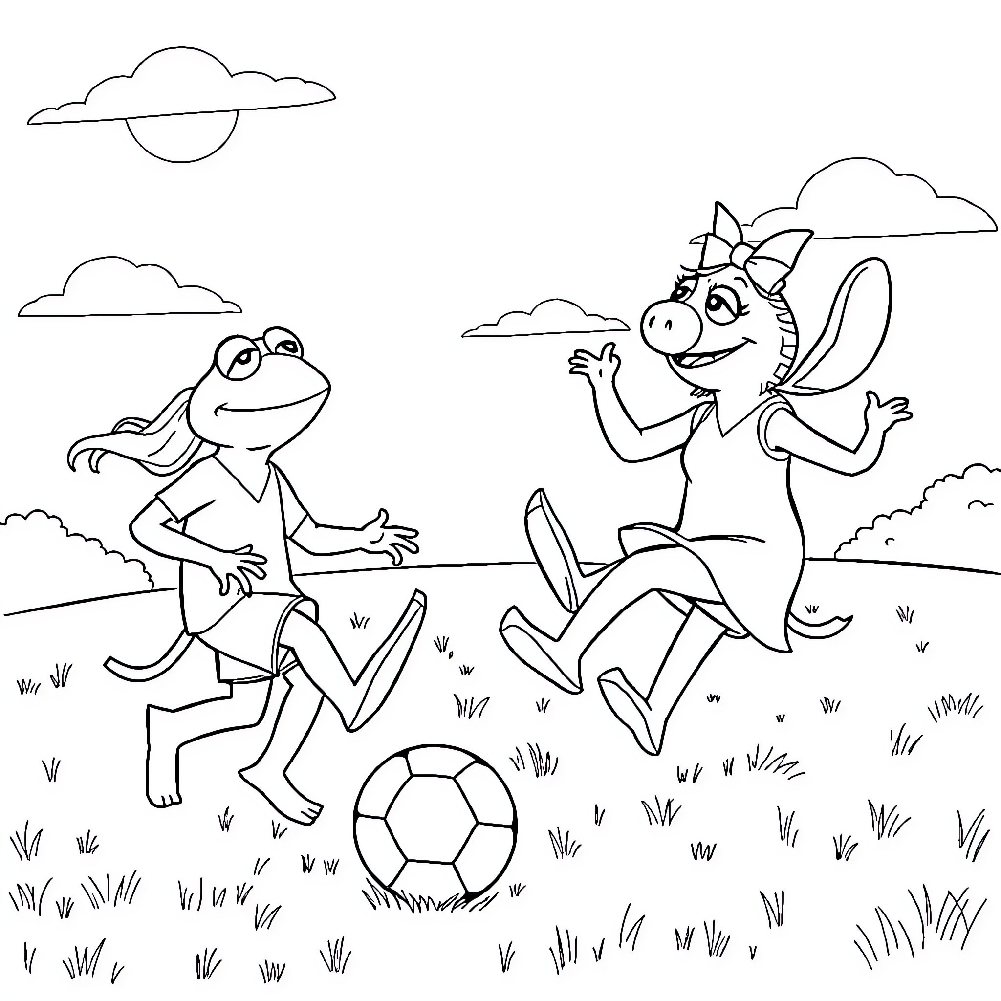 Characters playing happily with soccer ball in the park Coloring Page (free black-and-white line drawing printable PDF for all, from beginners to advanced learners, including children, teens, adults, and seniors)