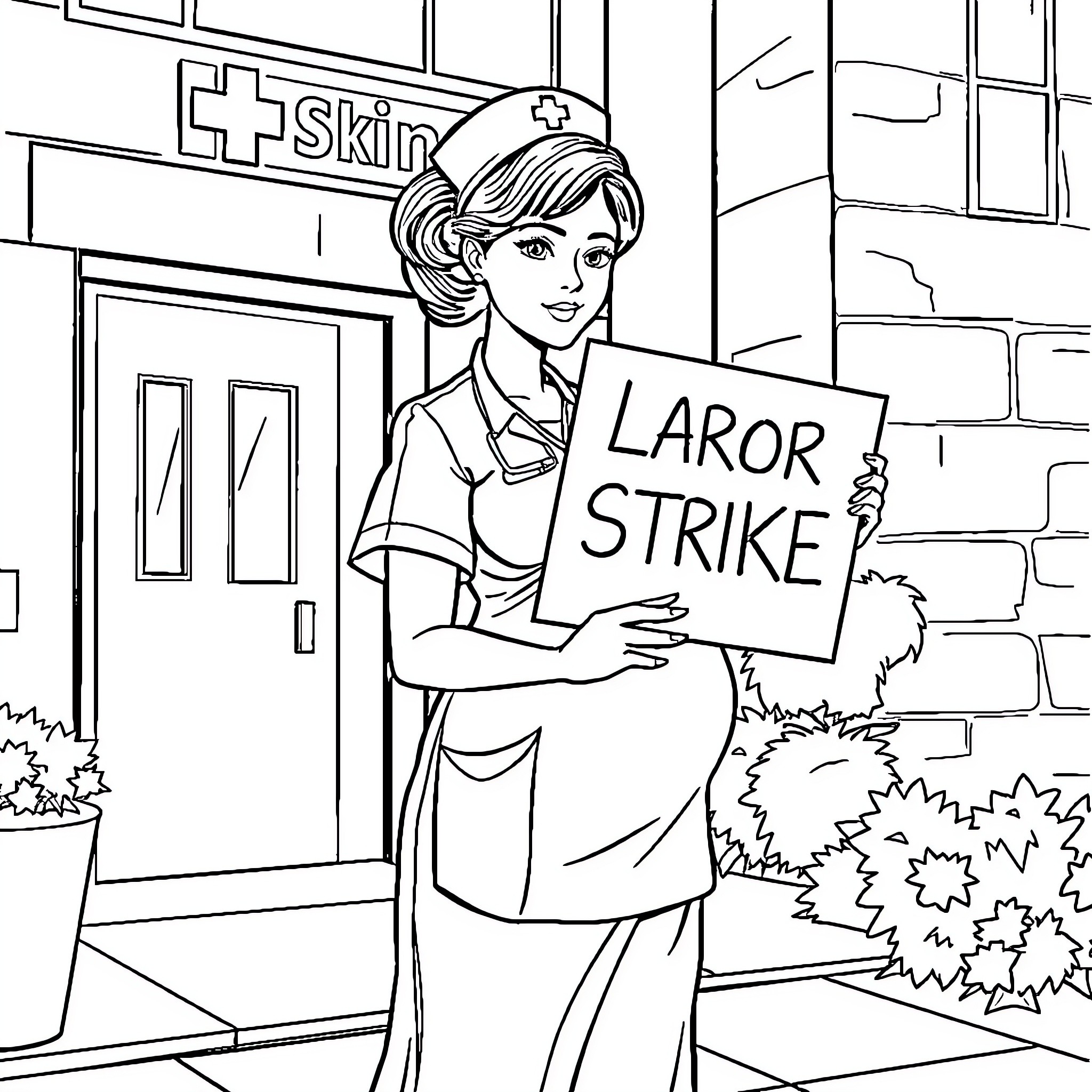 Nurse protesting for labor rights outside clinic Coloring Page (free black-and-white line drawing printable PDF for all, from beginners to advanced learners, including children, teens, adults, and seniors)