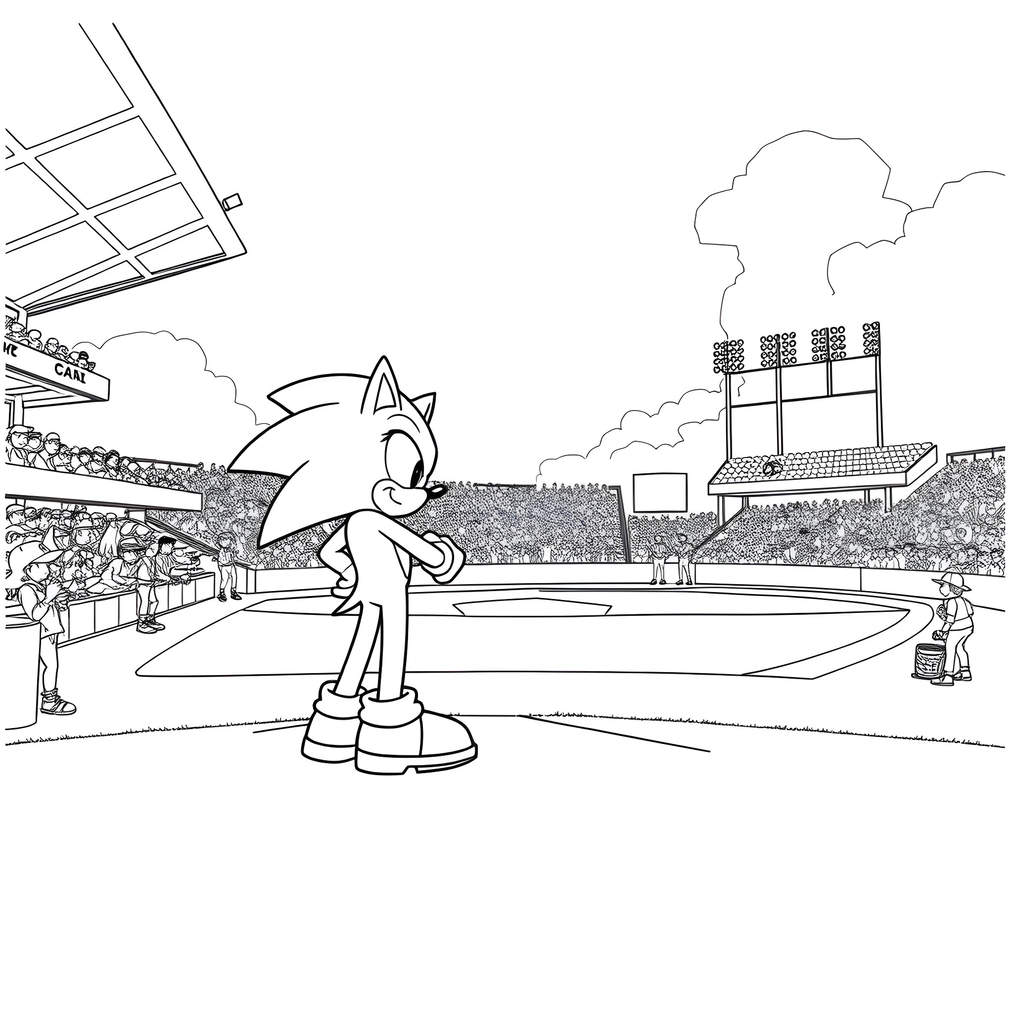 Sonic the Hedgehog dashing through a sports stadium Coloring Page (free black-and-white line drawing printable PDF for all, from beginners to advanced learners, including children, teens, adults, and seniors)