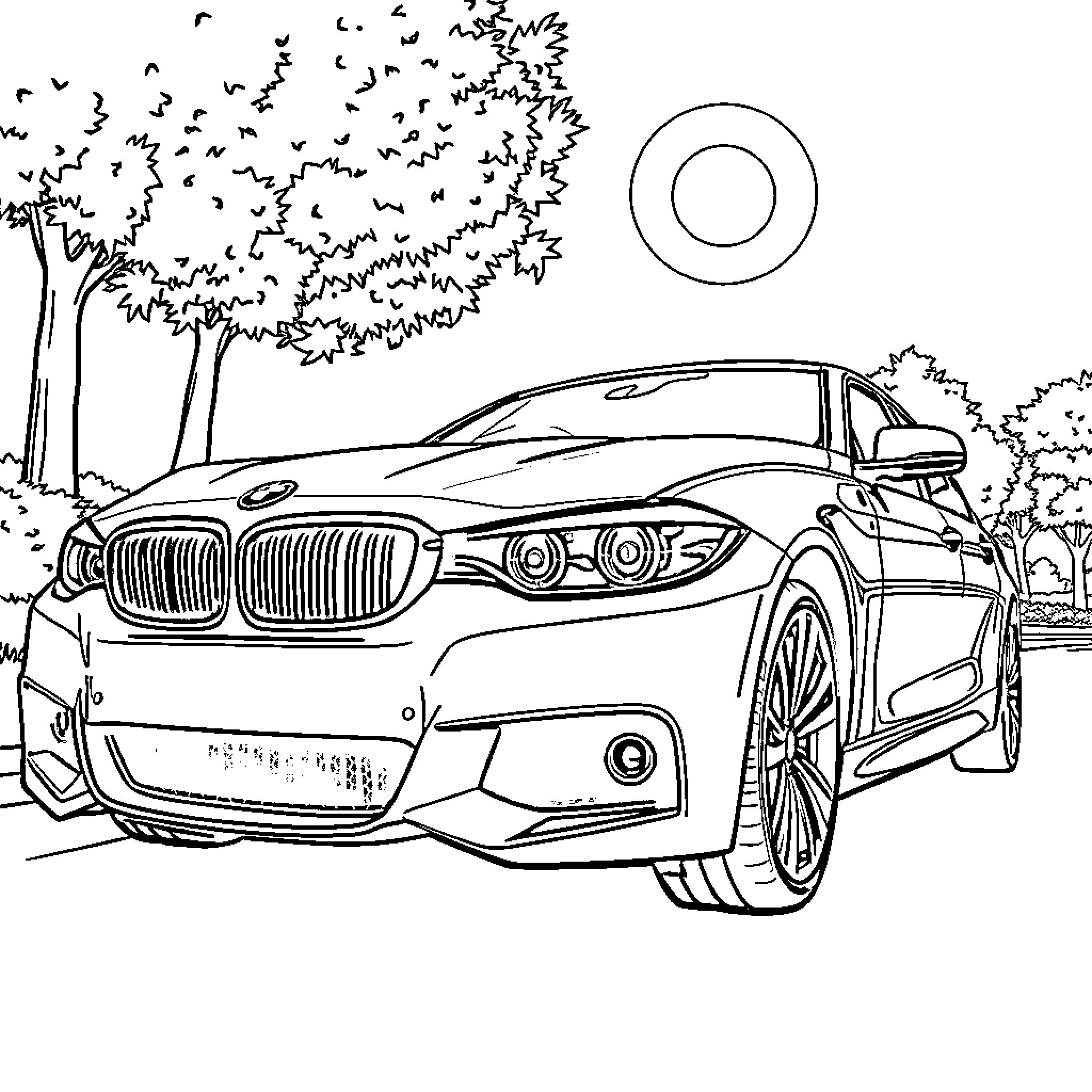 BMW in Scenic Outdoor Setting Coloring Page (free black-and-white line drawing printable PDF for all, from beginners to advanced learners, including children, teens, adults, and seniors)