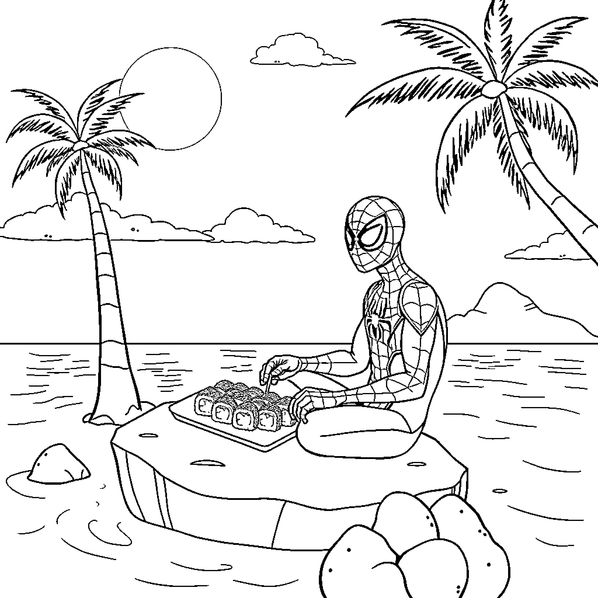 Spider-Man relaxing on a tropical beach Coloring Page (free black-and-white line drawing printable PDF for all, from beginners to advanced learners, including children, teens, adults, and seniors)