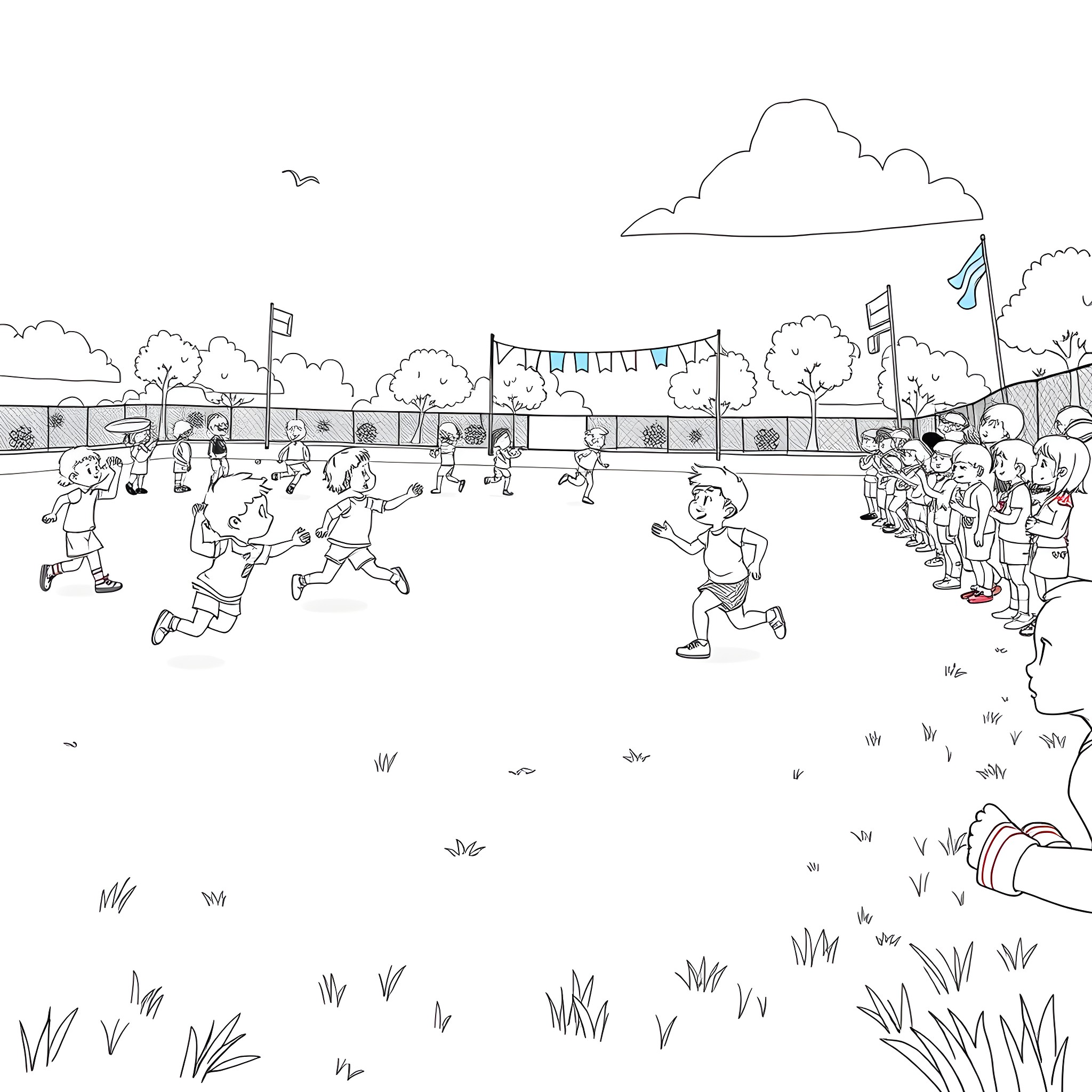 Kid Running in a Festive Outdoor Event Coloring Page (free black-and-white line drawing printable PDF for all, from beginners to advanced learners, including children, teens, adults, and seniors)