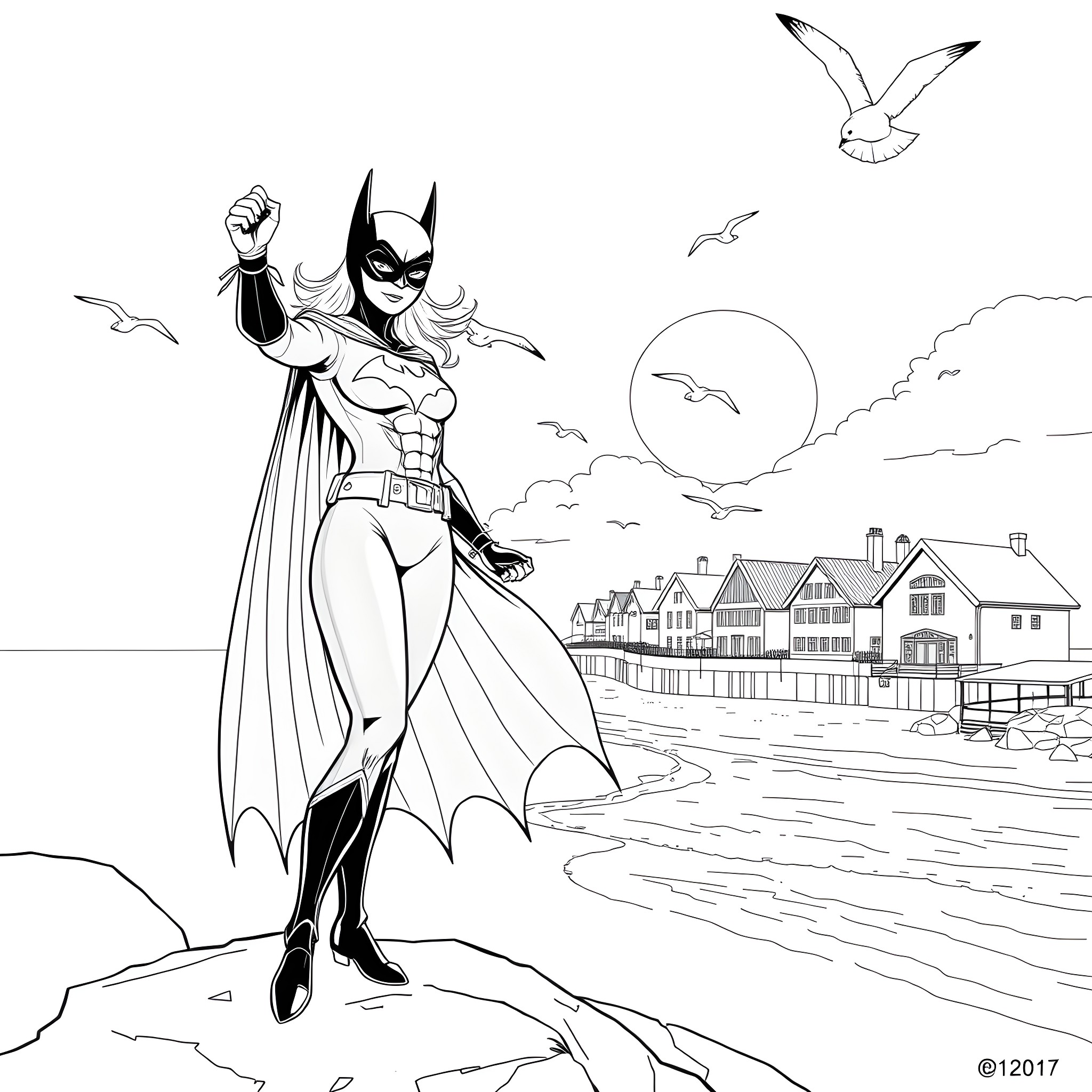 Batgirl stands heroically on the beach at night Coloring Page (free black-and-white line drawing printable PDF for all, from beginners to advanced learners, including children, teens, adults, and seniors)