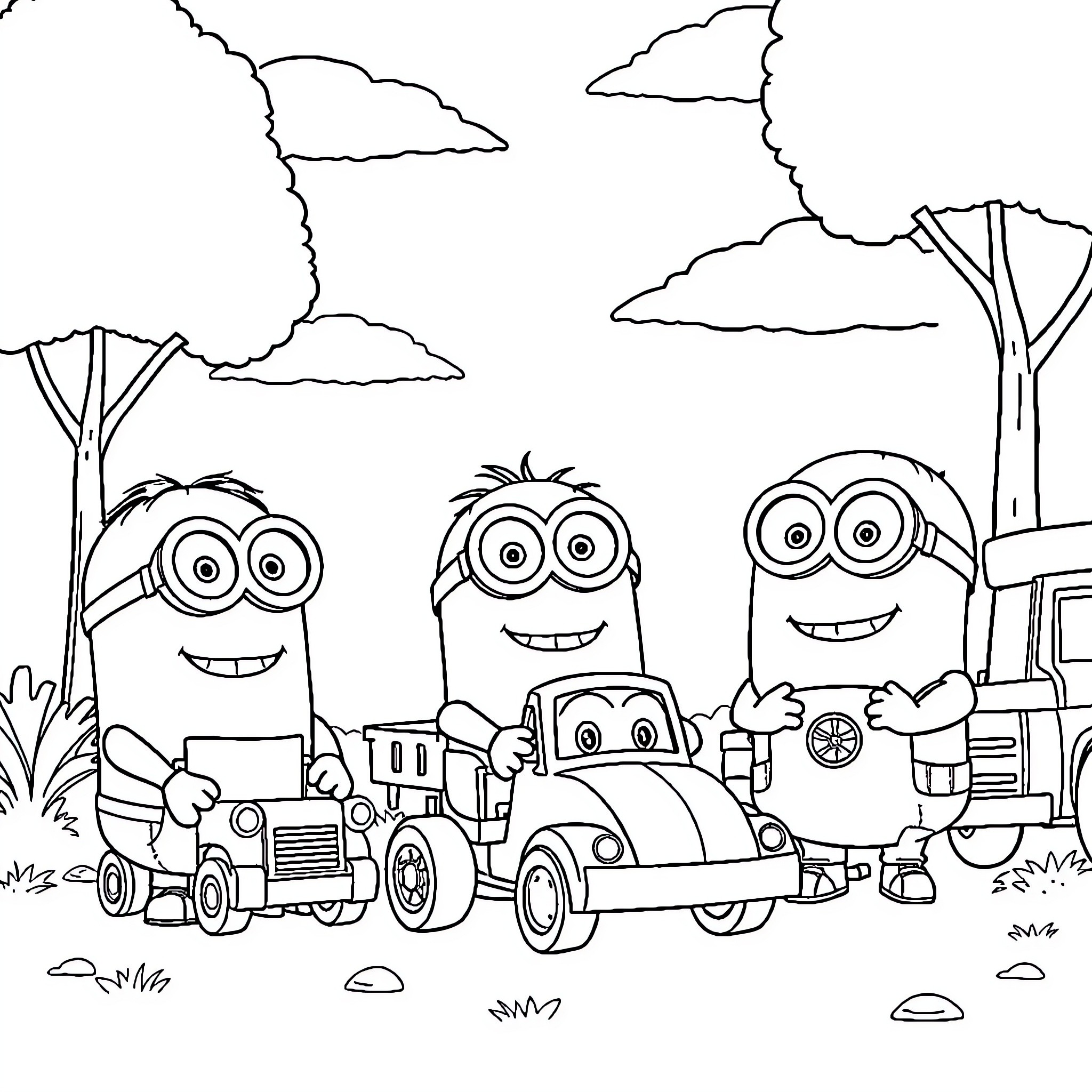 Minions enjoying an outdoor adventure with vehicles Coloring Page (free black-and-white line drawing printable PDF for all, from beginners to advanced learners, including children, teens, adults, and seniors)