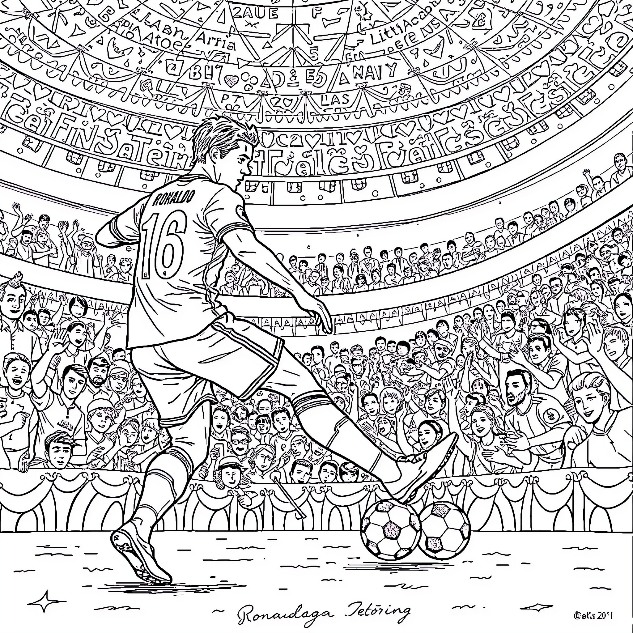 Ronaldo's Iconic Moment in the Stadium Coloring Page (free black-and-white line drawing printable PDF for all, from beginners to advanced learners, including children, teens, adults, and seniors)