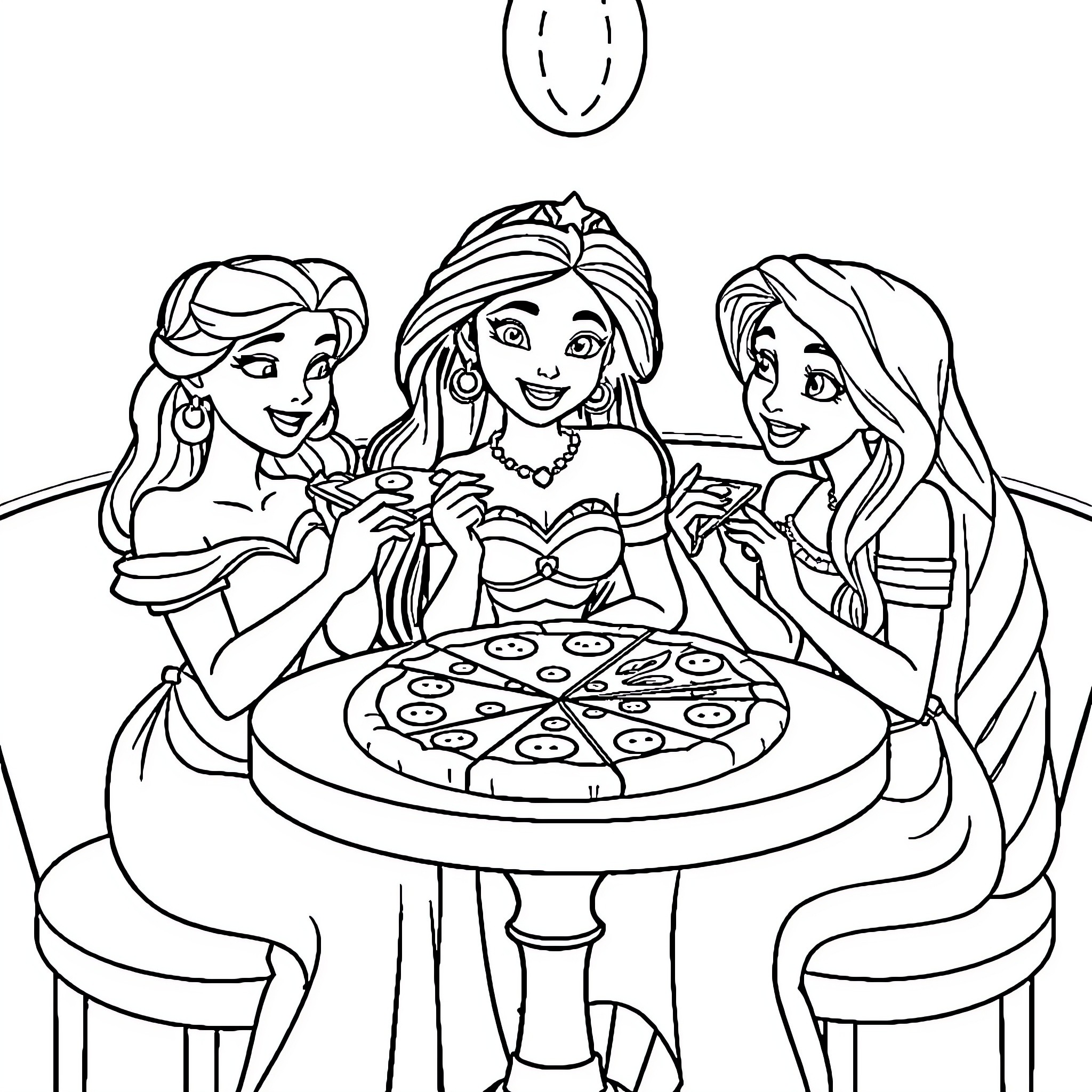Princess friends enjoying a meal together Coloring Page (free black-and-white line drawing printable PDF for all, from beginners to advanced learners, including children, teens, adults, and seniors)