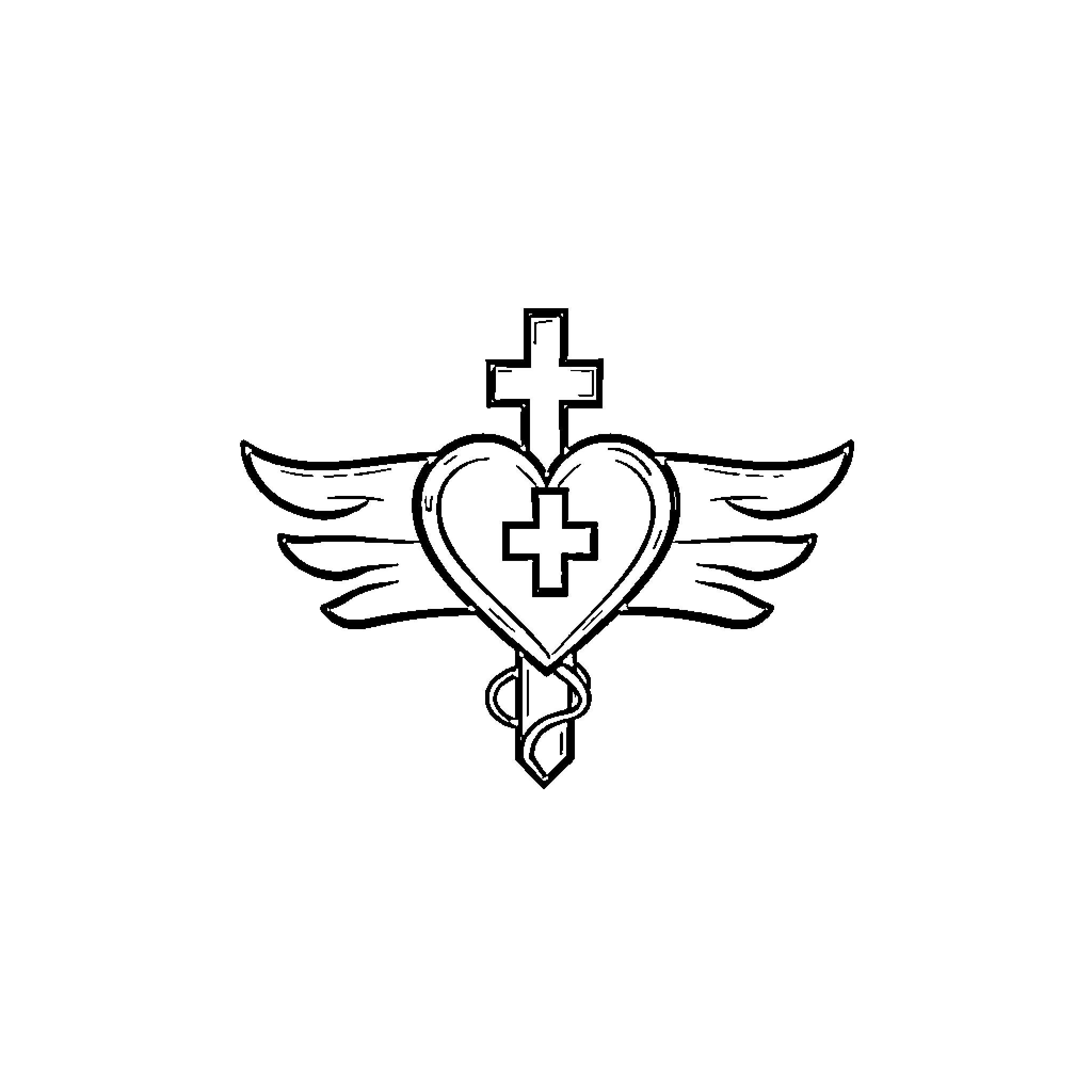 Hospital Logo with Winged Heart and Cross Coloring Page (free black-and-white line drawing printable PDF for all, from beginners to advanced learners, including children, teens, adults, and seniors)