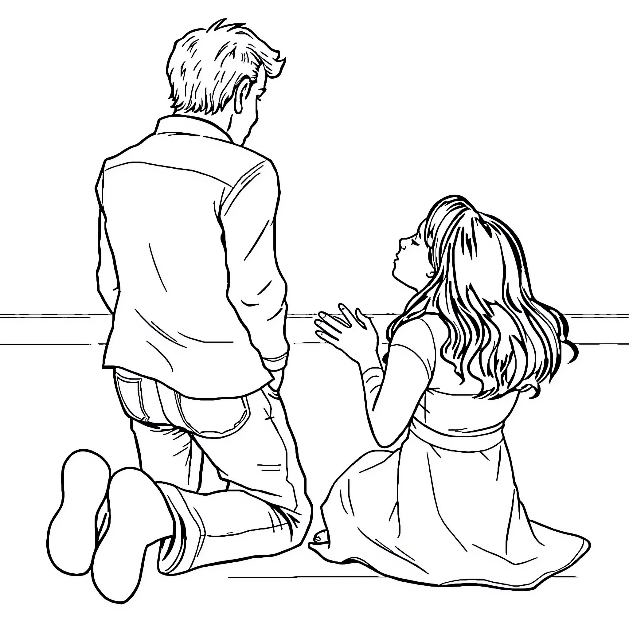 Woman sitting with man on bench Coloring Page (free black-and-white line drawing printable PDF for all, from beginners to advanced learners, including children, teens, adults, and seniors)