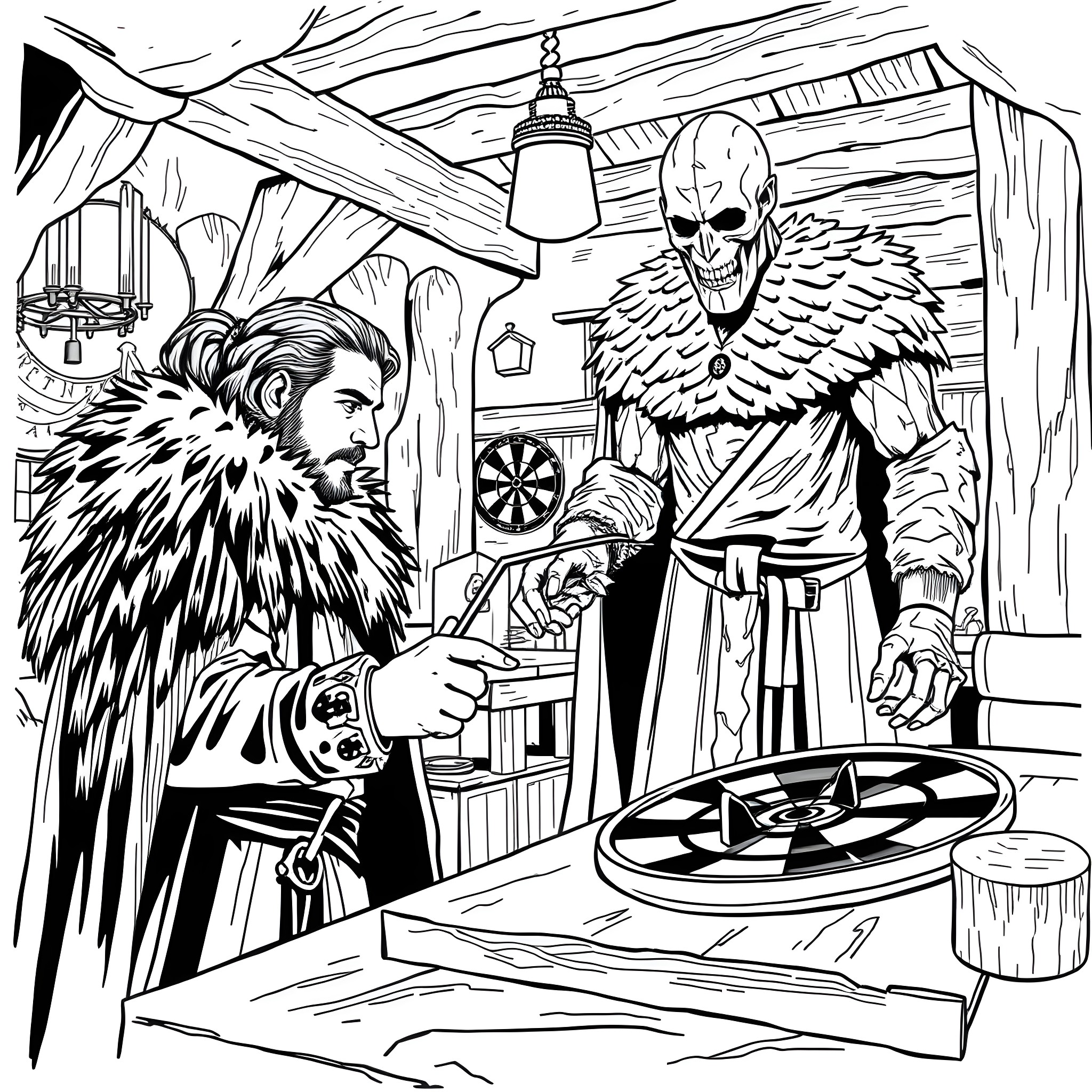 John Snow, Priest of the Skull Cult, Performs Ritual in a Dark Tavern Coloring Page (free black-and-white line drawing printable PDF for all, from beginners to advanced learners, including children, teens, adults, and seniors)