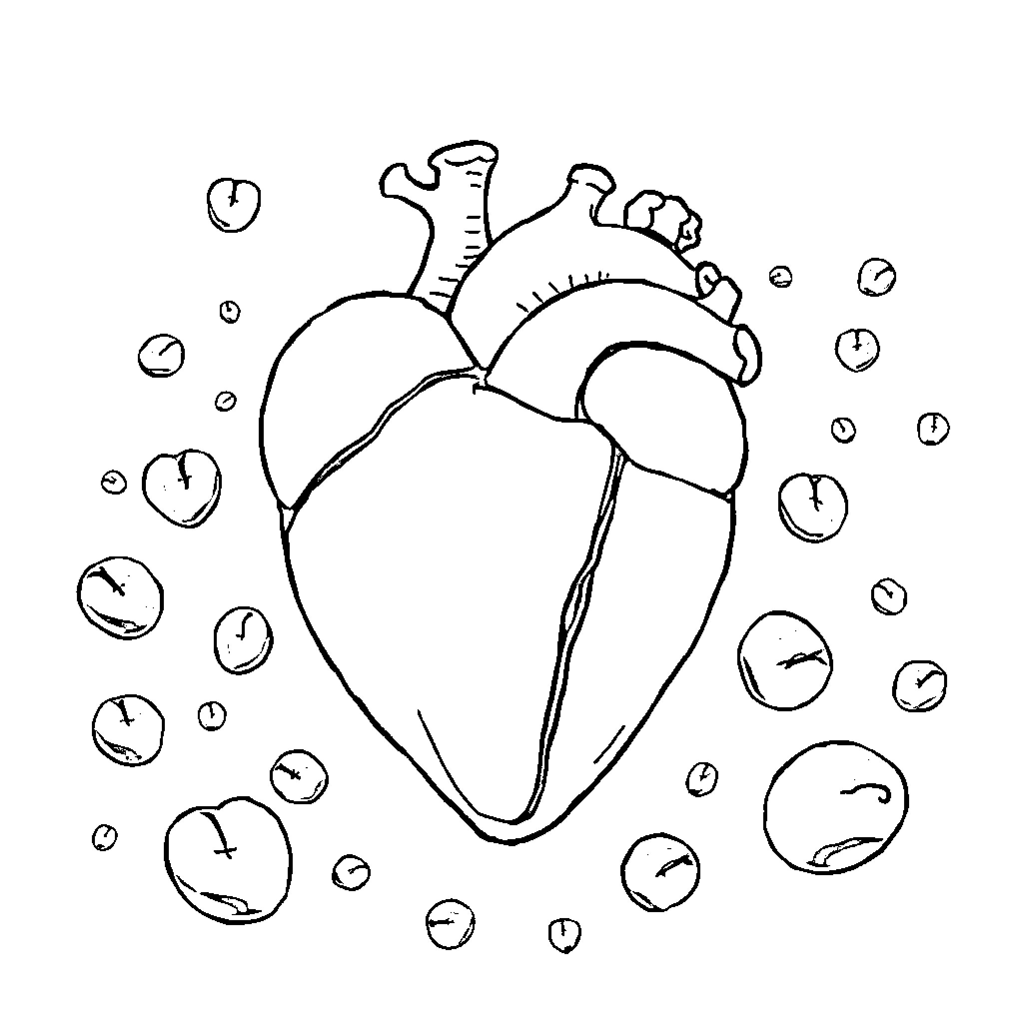 Heart surrounded by diverse shapes Coloring Page (free black-and-white line drawing printable PDF for all, from beginners to advanced learners, including children, teens, adults, and seniors)