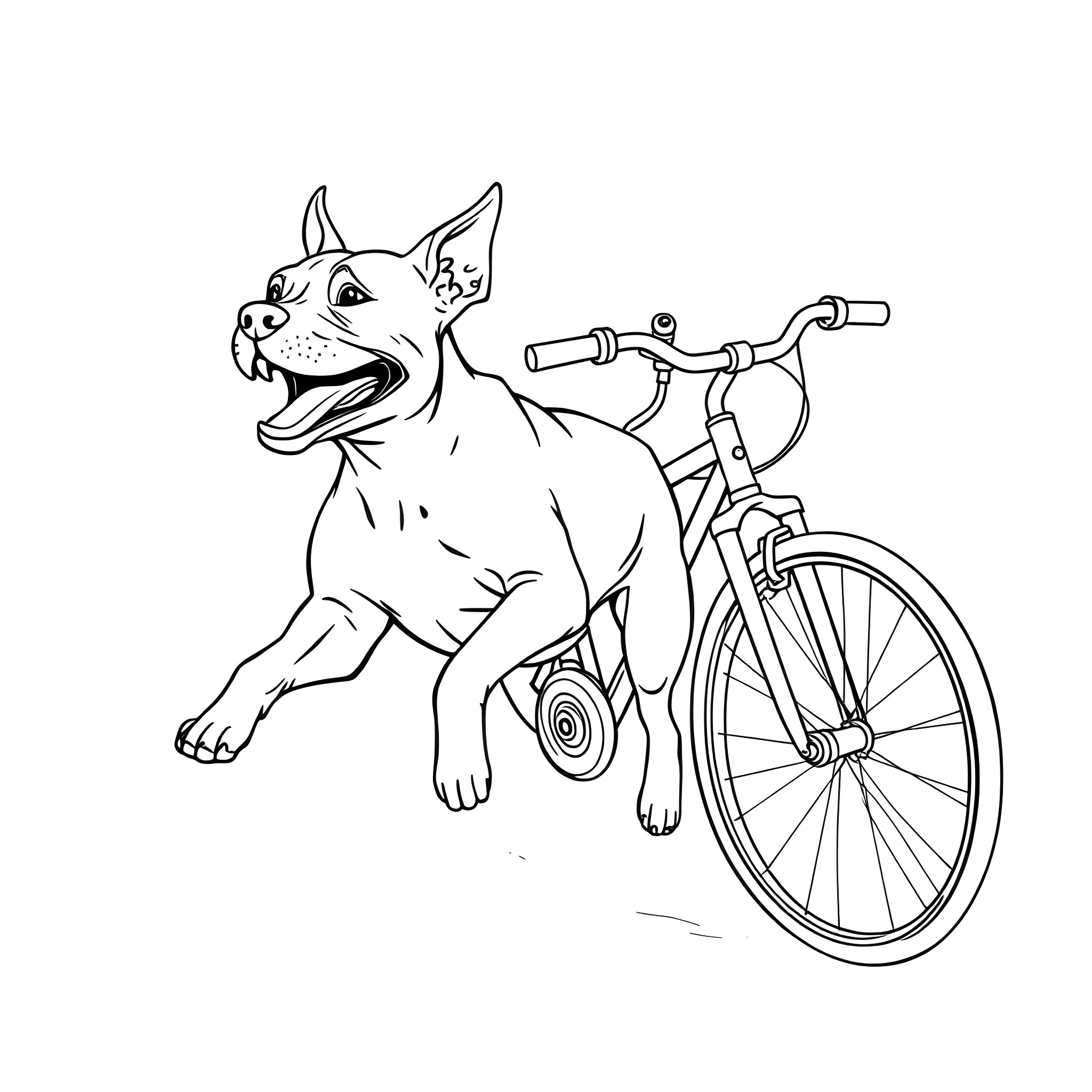 Pitbull riding a bicycle happily Coloring Page (free black-and-white line drawing printable PDF for all, from beginners to advanced learners, including children, teens, adults, and seniors)