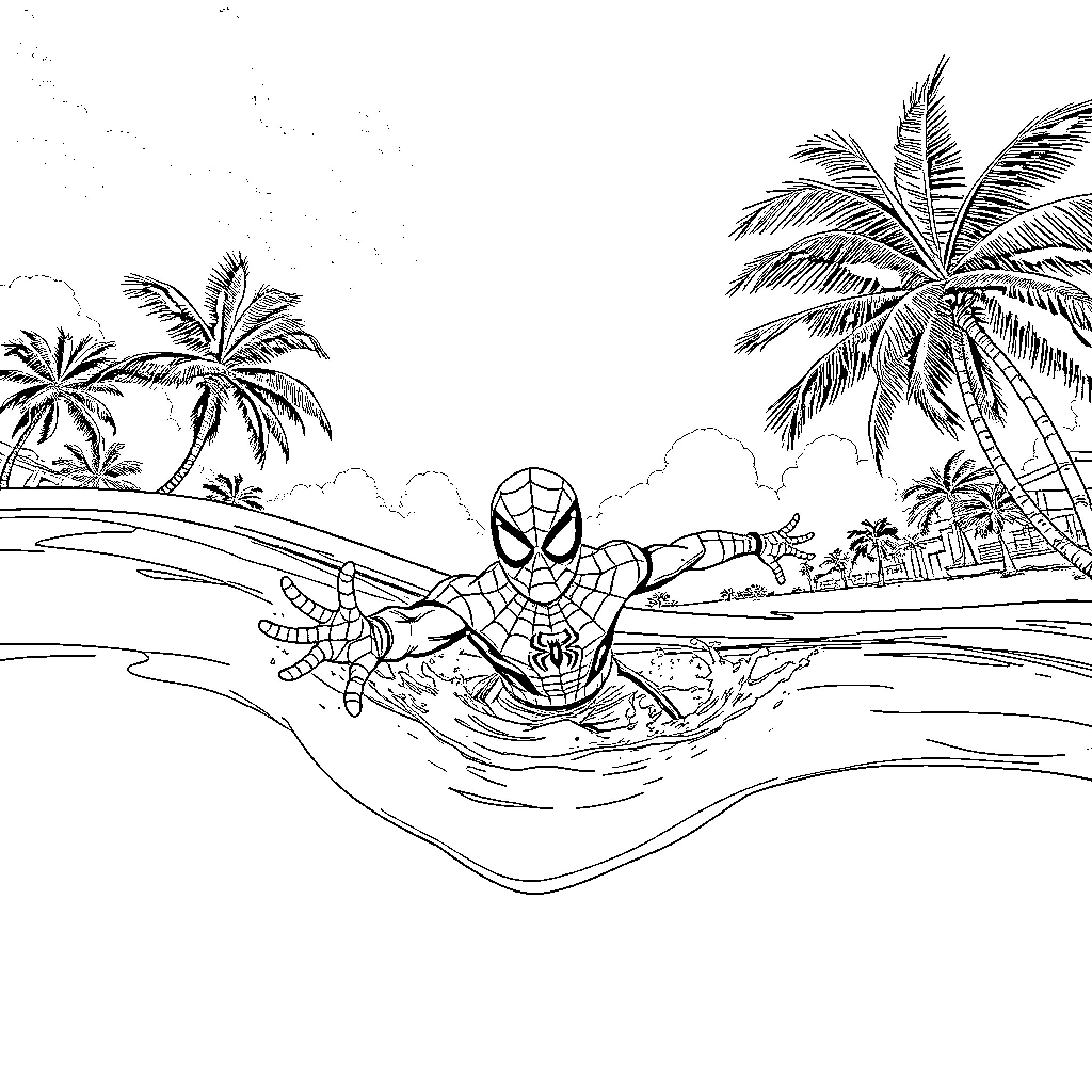 Spiderman swimming in the ocean near palm trees Coloring Page (free black-and-white line drawing printable PDF for all, from beginners to advanced learners, including children, teens, adults, and seniors)