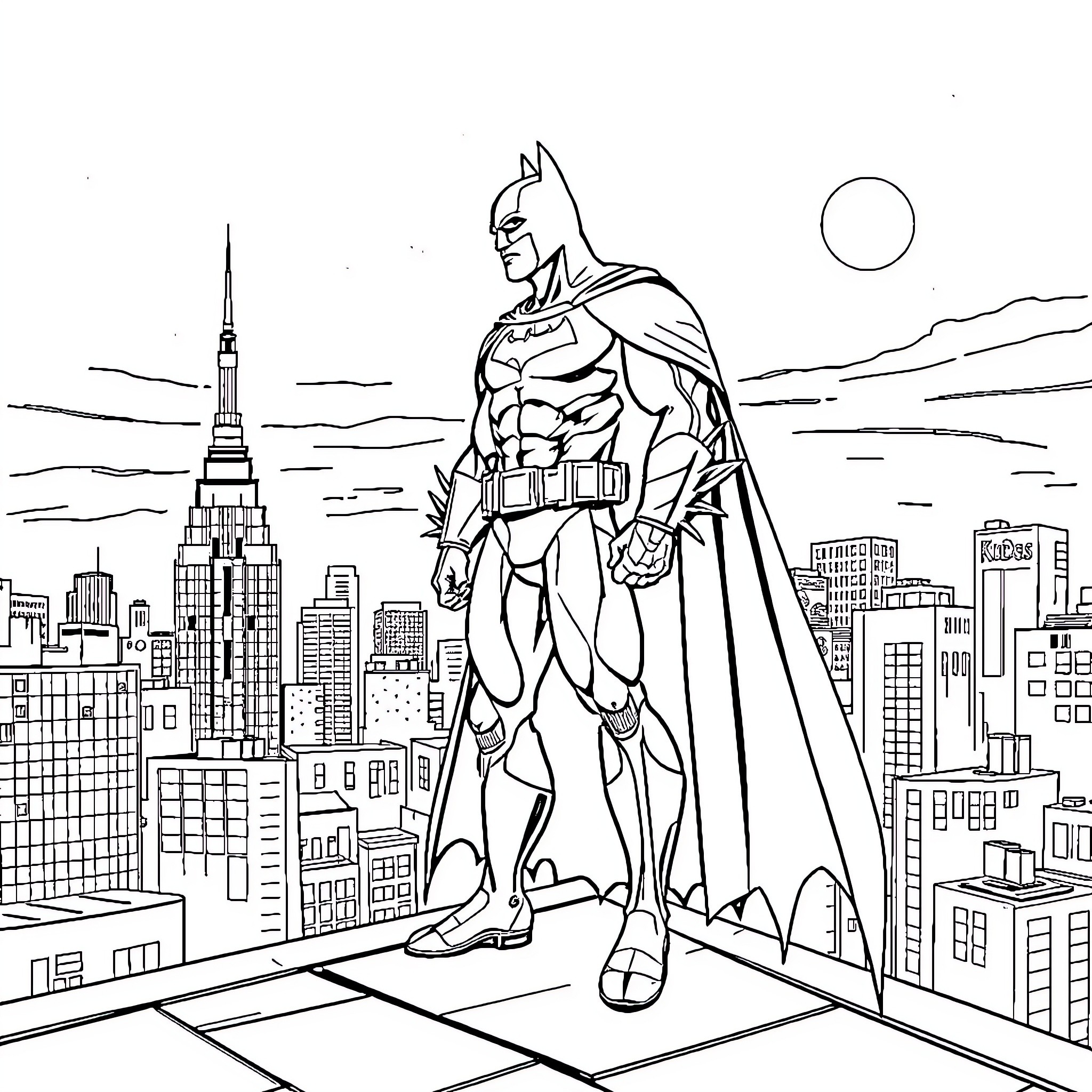 Batman Standing Tall in the City Skyline Coloring Page (free black-and-white line drawing printable PDF for all, from beginners to advanced learners, including children, teens, adults, and seniors)