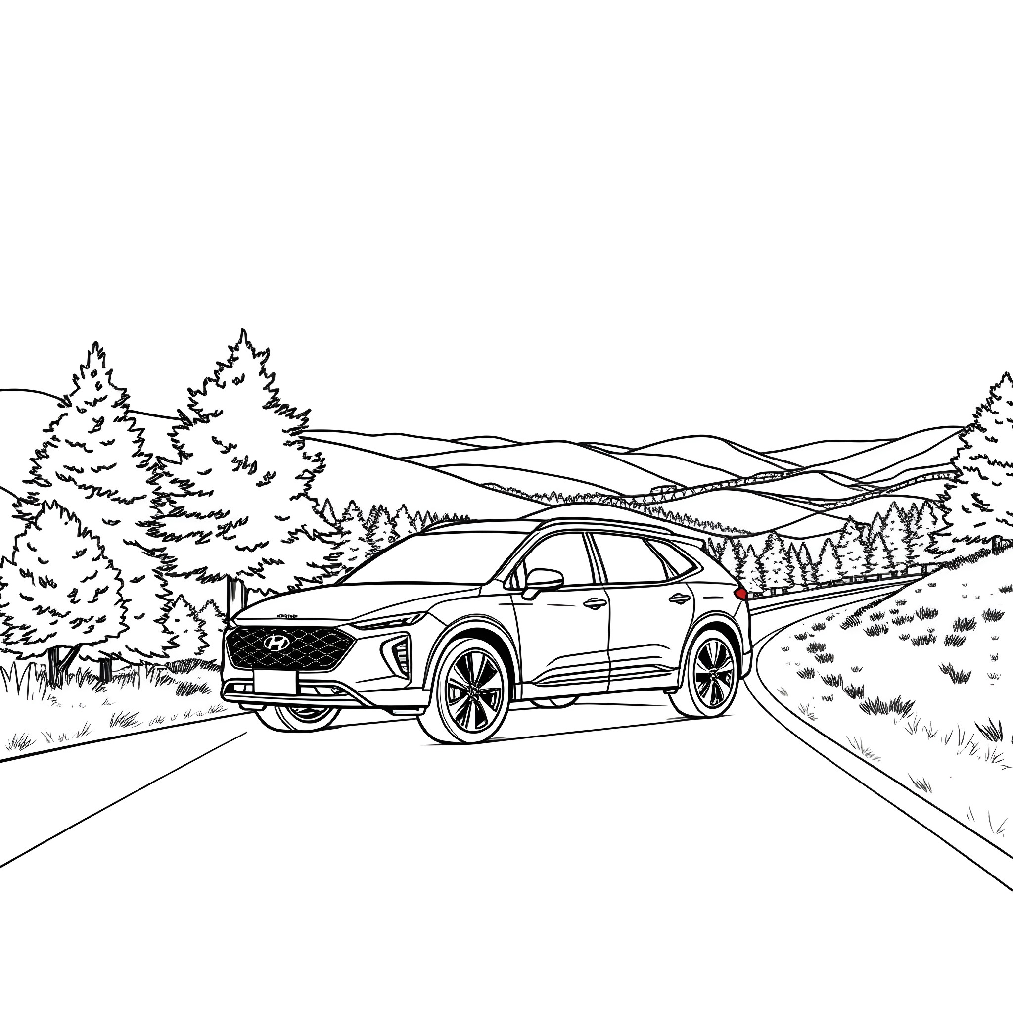 Hyundai SUV driving on scenic mountain road Coloring Page (free black-and-white line drawing printable PDF for all, from beginners to advanced learners, including children, teens, adults, and seniors)
