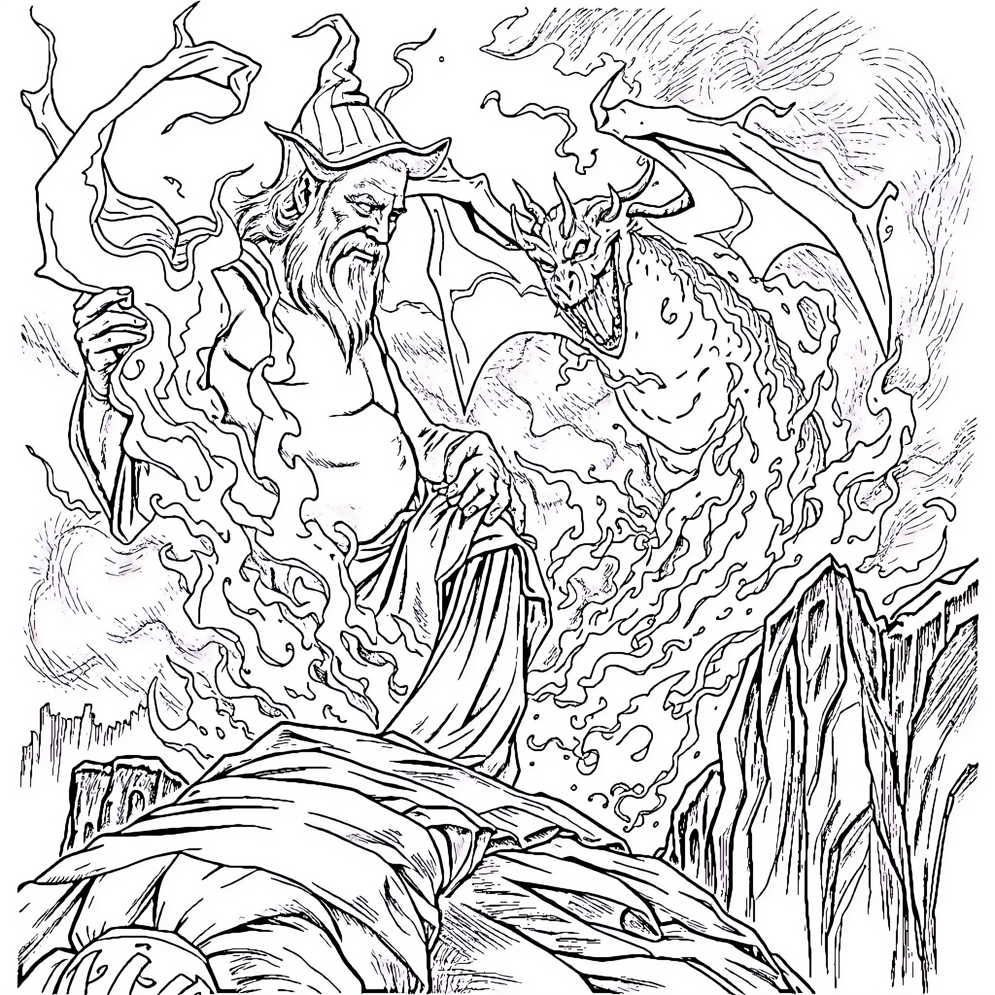 Gandalf the Wizard and the Fiery Dragon Coloring Page (free black-and-white line drawing printable PDF for all, from beginners to advanced learners, including children, teens, adults, and seniors)